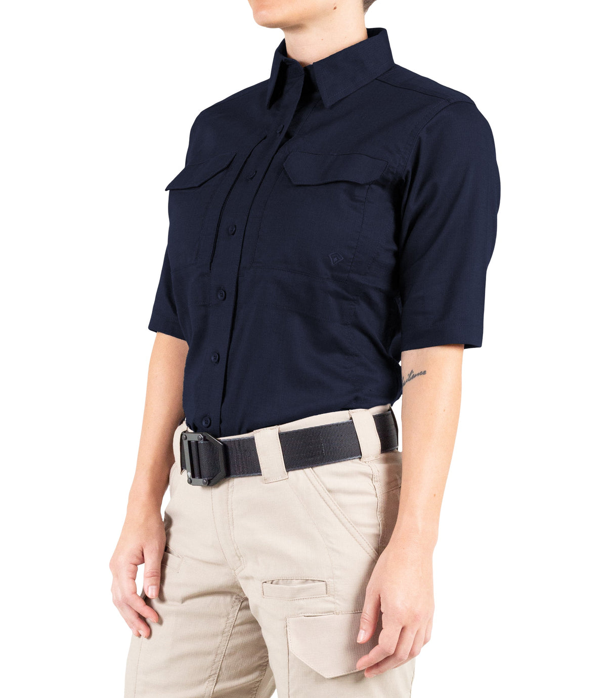 Side of Women's V2 Tactical Short Sleeve Shirt in Midnight Navy |color_midnight navy