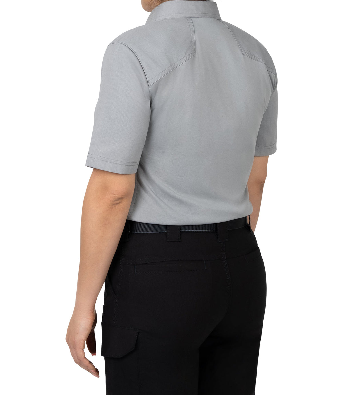 Back 1/4 Side view of Women's V2 Pro Performance Short Sleeve Shirt |color_nickel grey