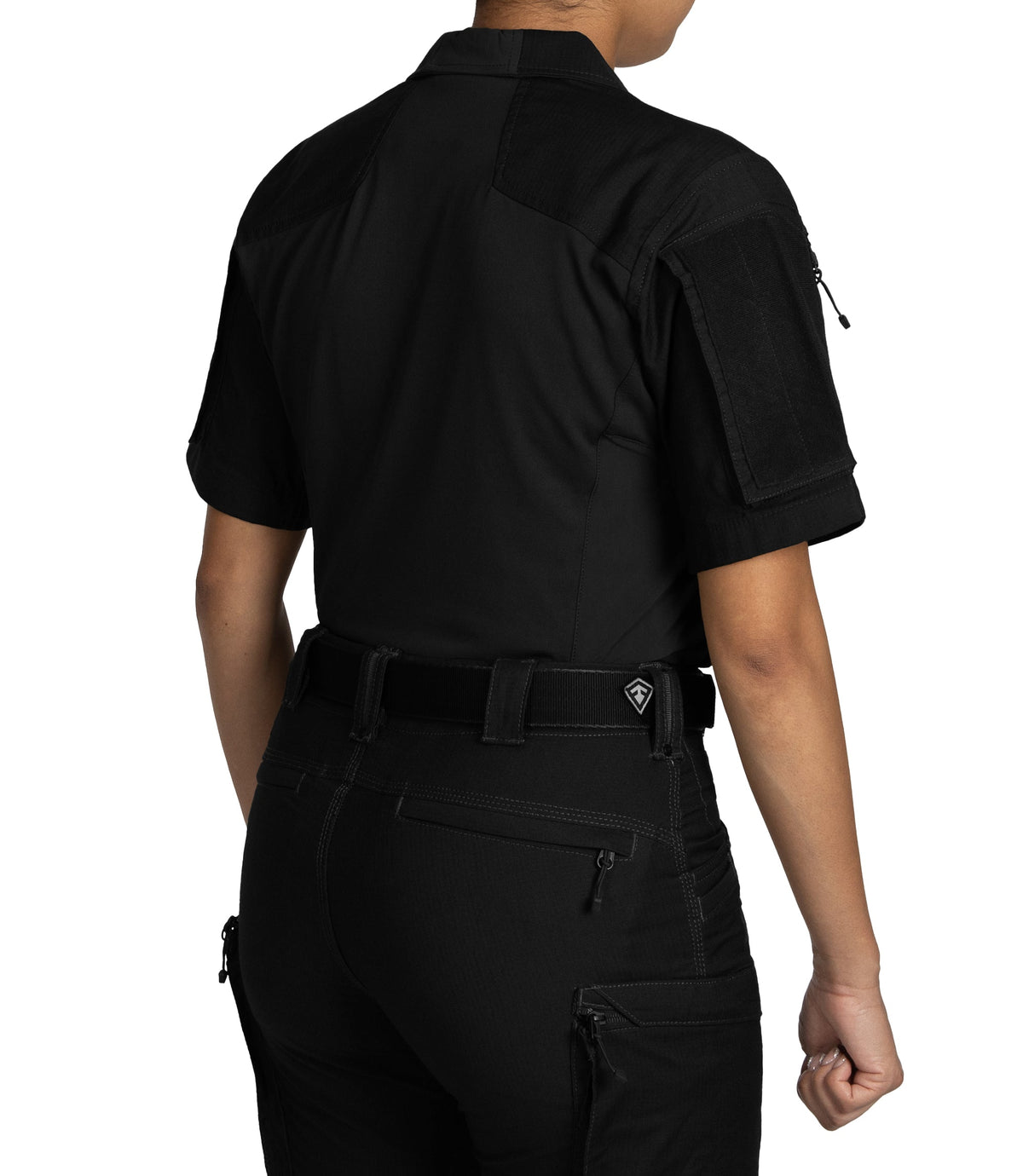 Back Side of Women's Defender Short Sleeve Shirt in Black |color_black