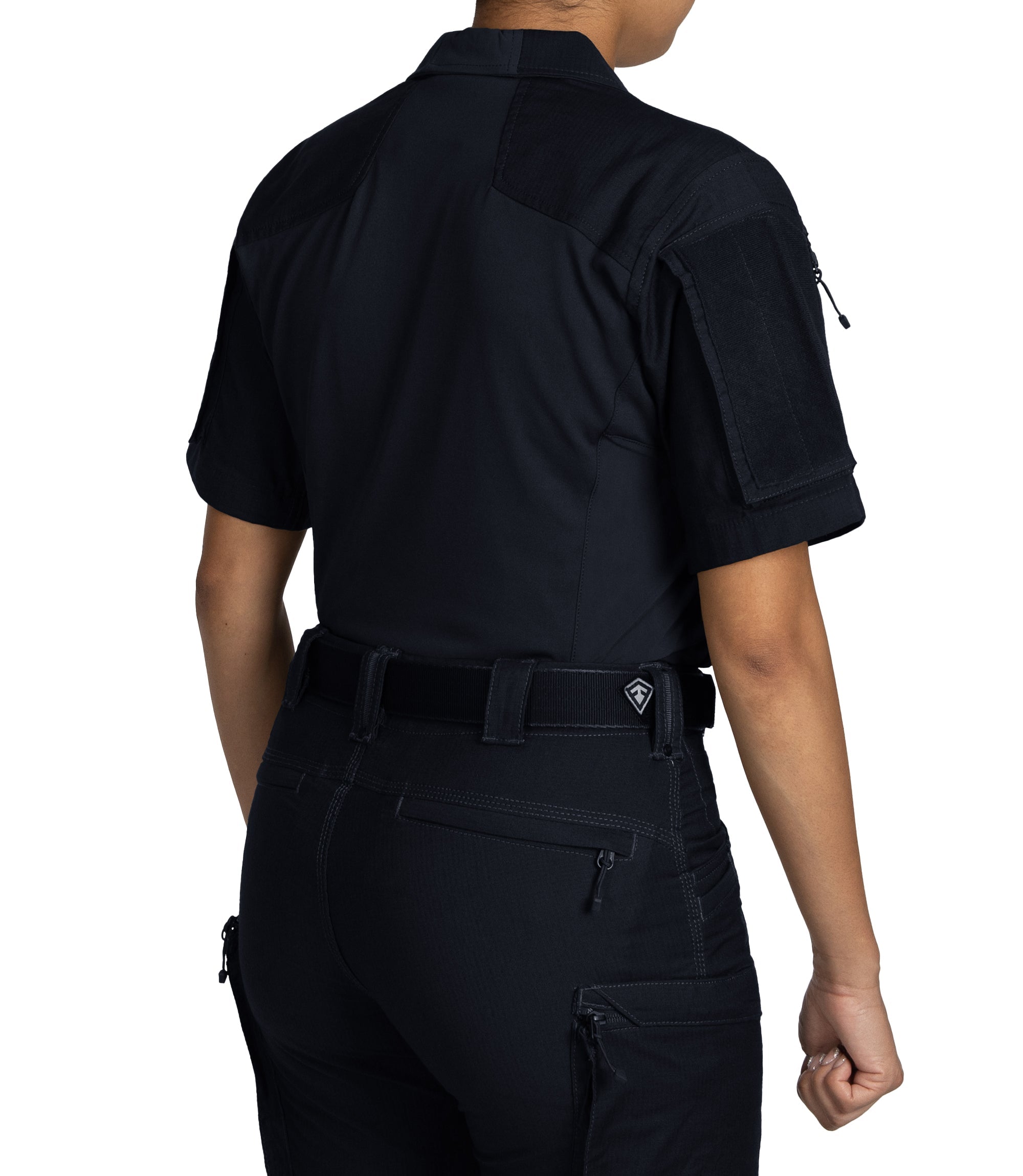 Back Side of Women's Defender Short Sleeve Shirt in Midnight Navy |color_midnight navy