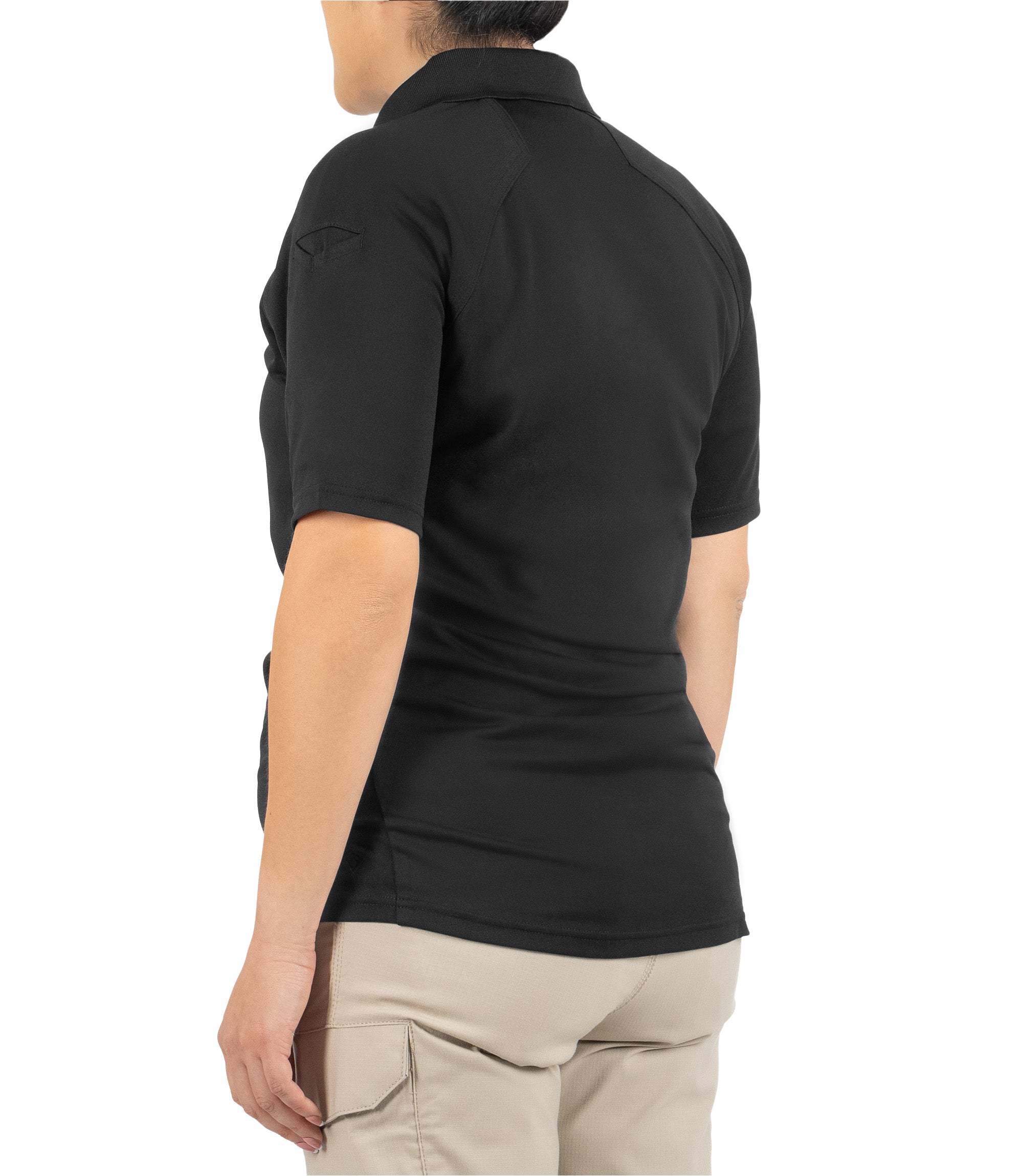 Back 1/4 left side view of Women's Maternity Polo in Black|color_black