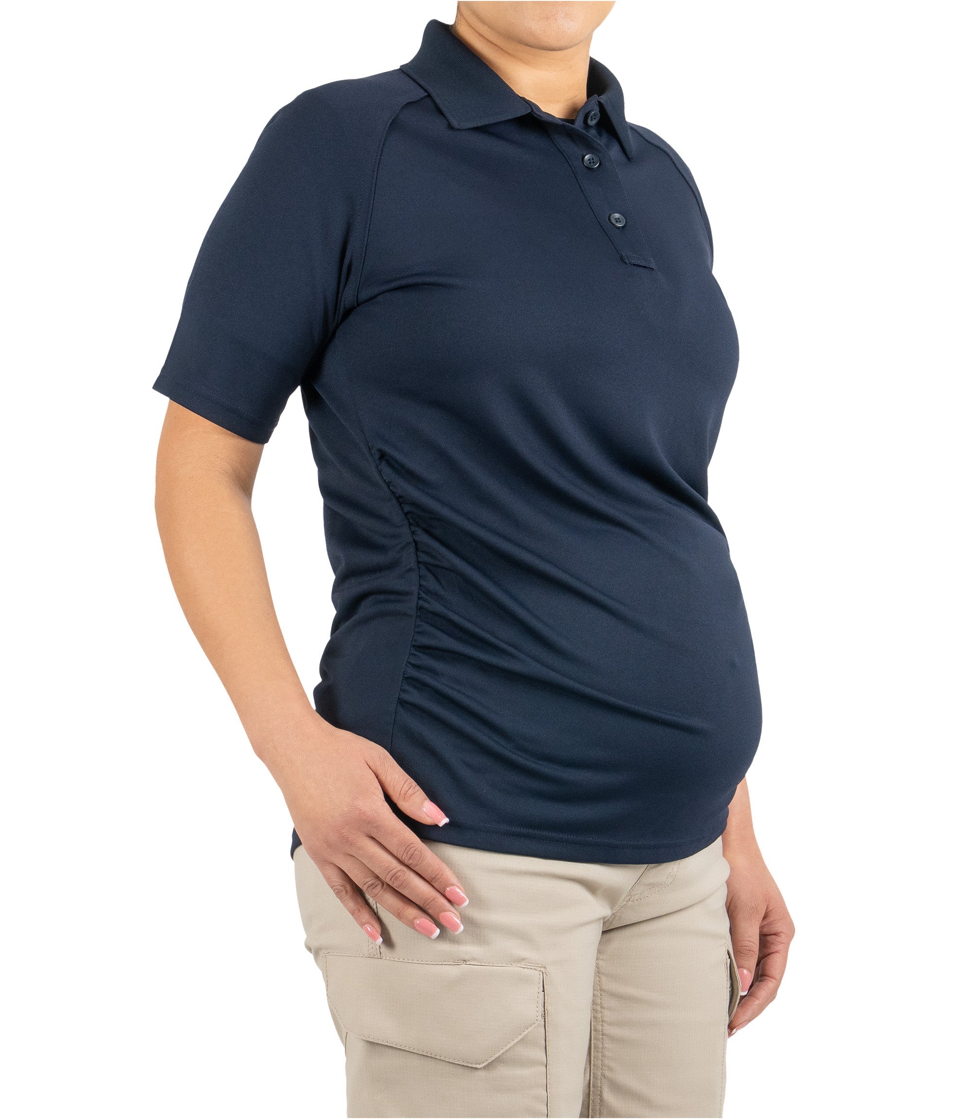 Front 1/4 right side view of Women's Maternity Polo in Midnight Navy|color_Midnight Navy