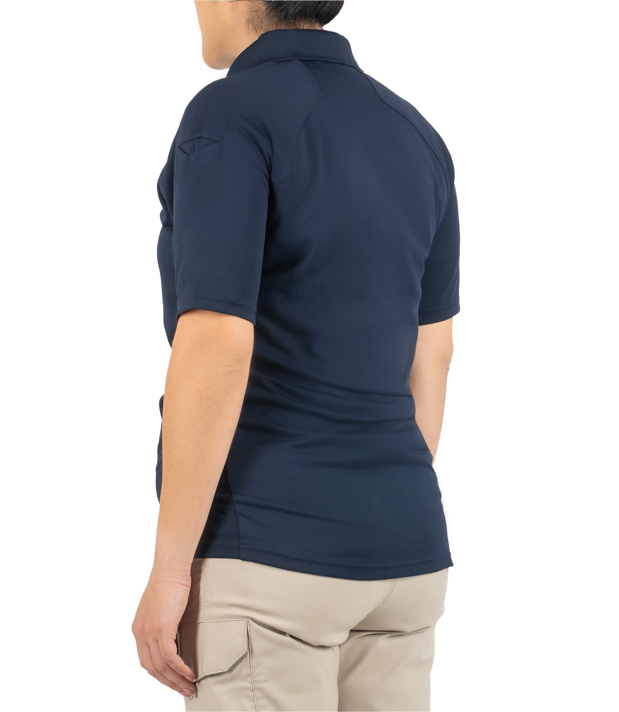 Back 1/4 left side view of Women's Maternity Polo in Midnight Navy|color_Midnight Navy