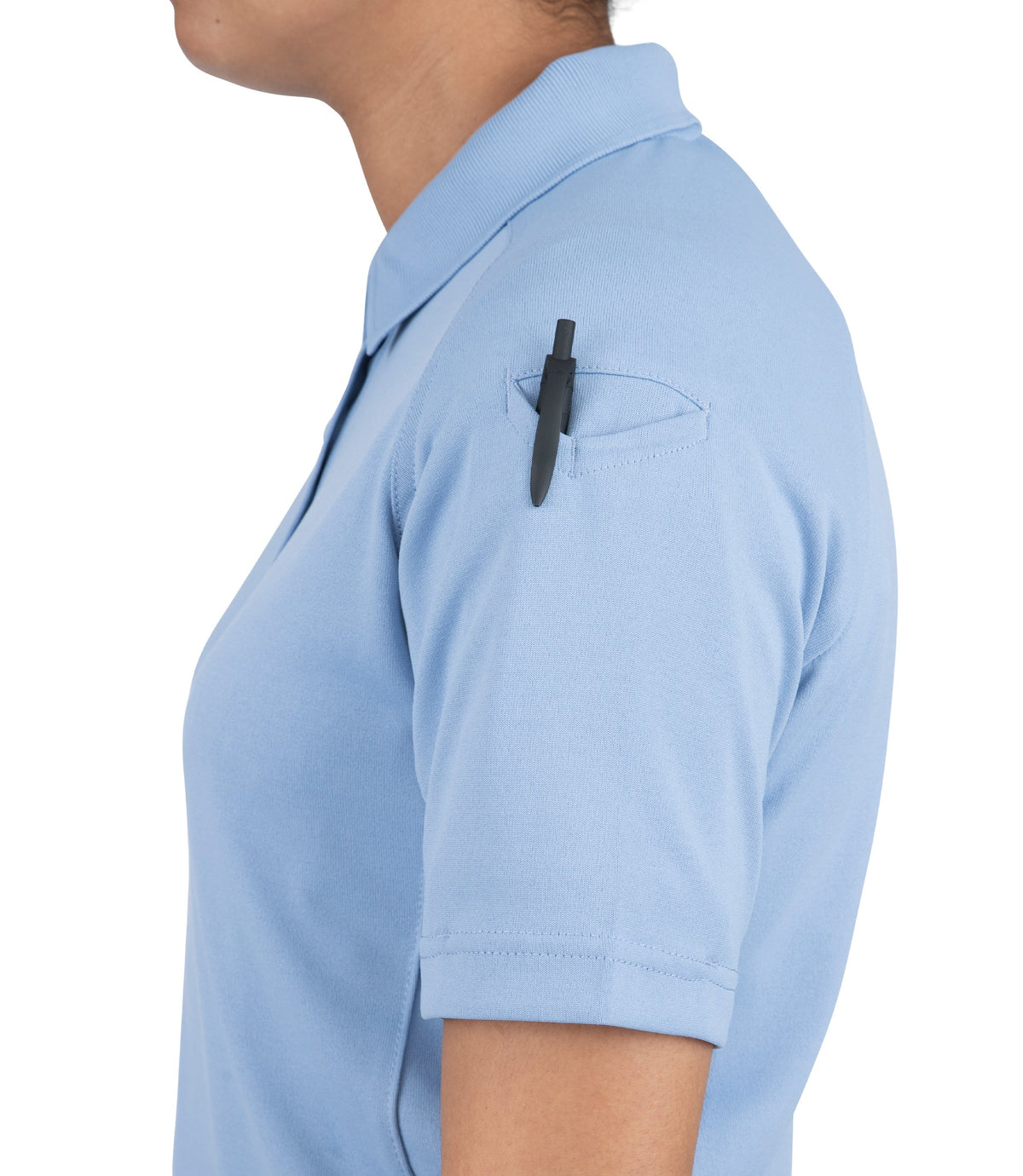 Side pen pocket of Women's Performance Short Sleeve Polo in Medium Blue |color_medium blue