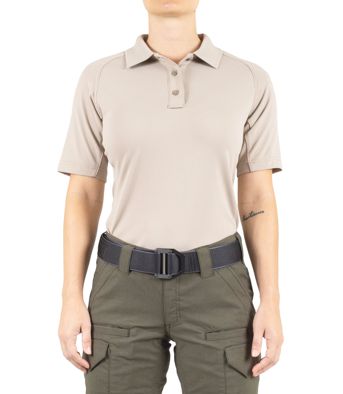 Front of Women's Performance Short Sleeve Polo in Khaki |color_khaki