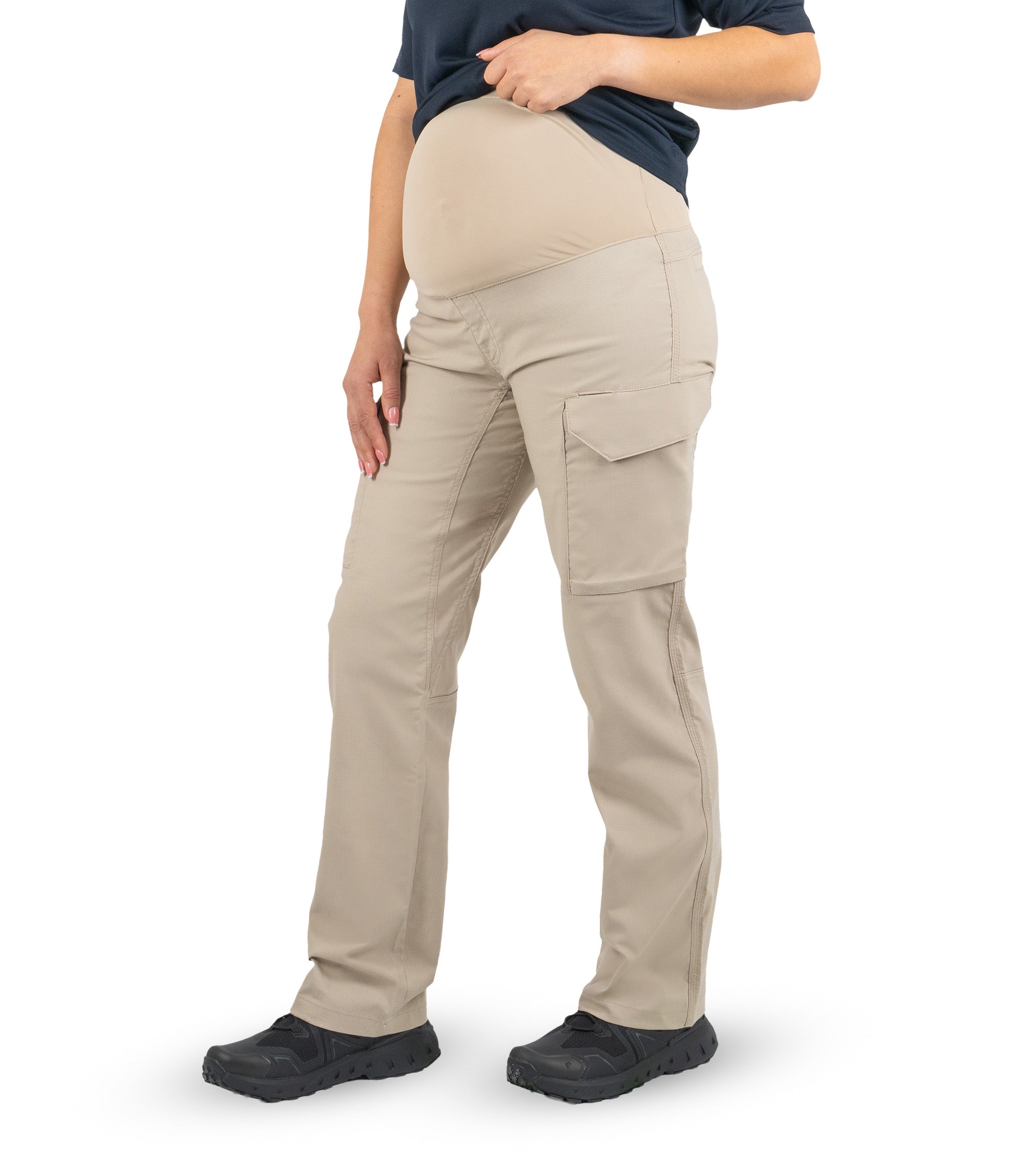 Front right 1/4 angle view of Women's V2 Tactical Maternity Pant in khaki |color_khaki