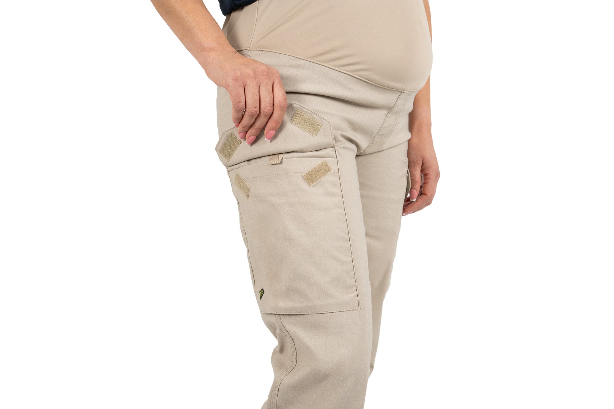 Close-up view of open cargo flap pocket showing Velcro closure |color_khaki