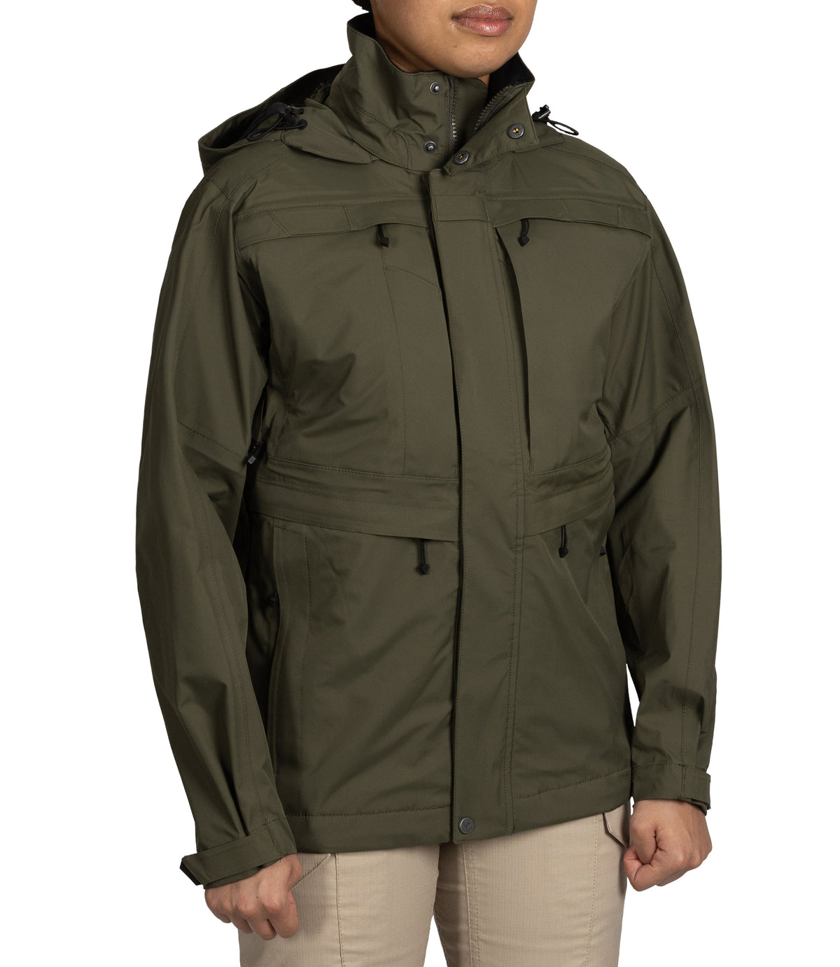 Right front side view of Womens Tactix 3-In-1 System Parka in OD Green|color_od green