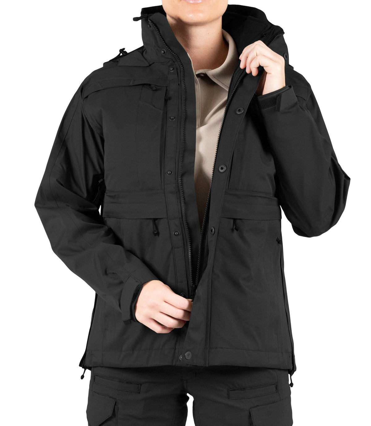 Front Zipper View of Womens Tactix 3-In-1 System Parka in Black|color_black