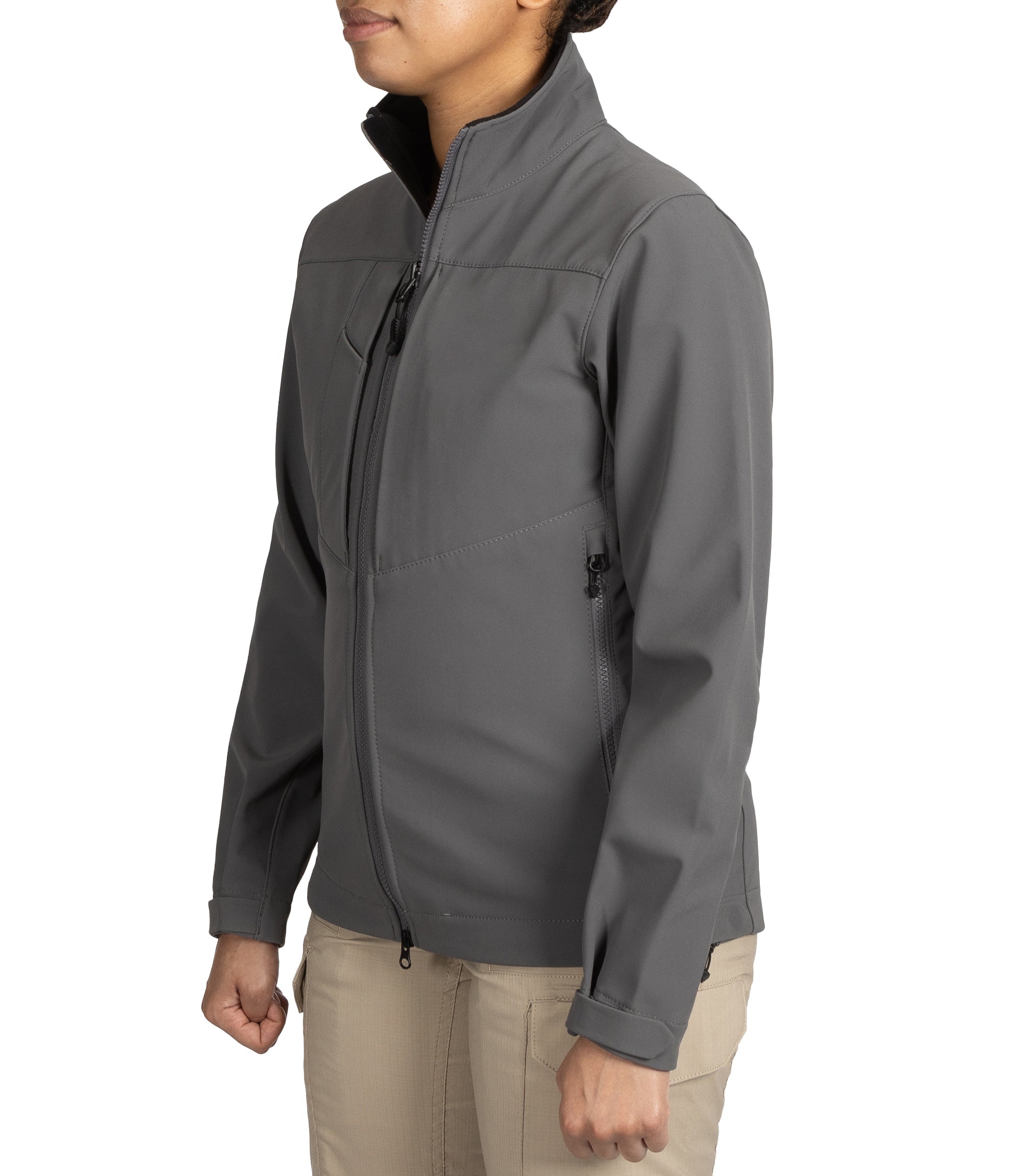 Left front side view of Womens Tactix Softshell Jacket in Wolf Grey|color_wolf grey