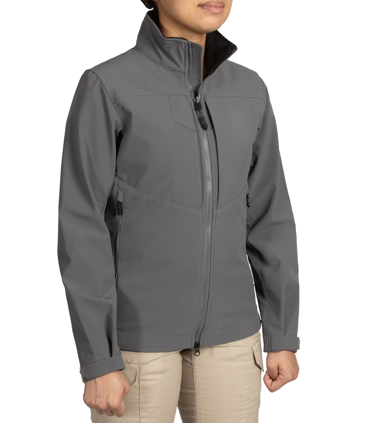 Right front side view of Womens Tactix Softshell Jacket in Wolf Grey|color_wolf grey