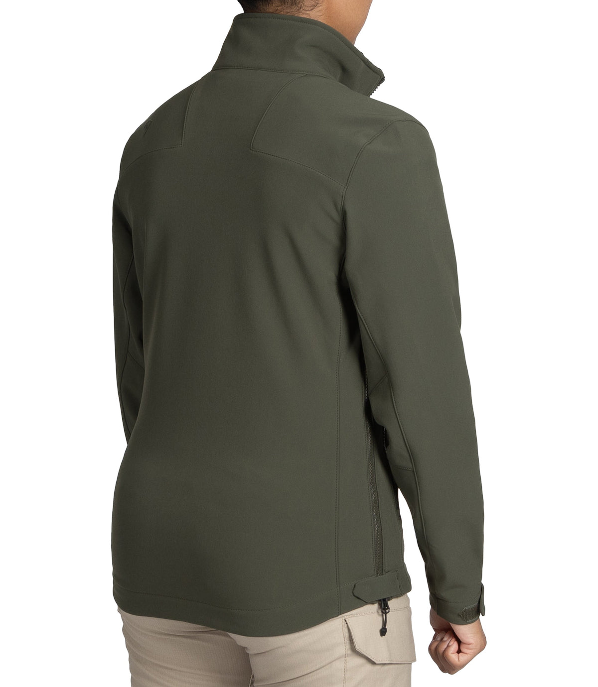 Right back side view of Womens Tactix Softshell Jacket in OD Green|color_od green