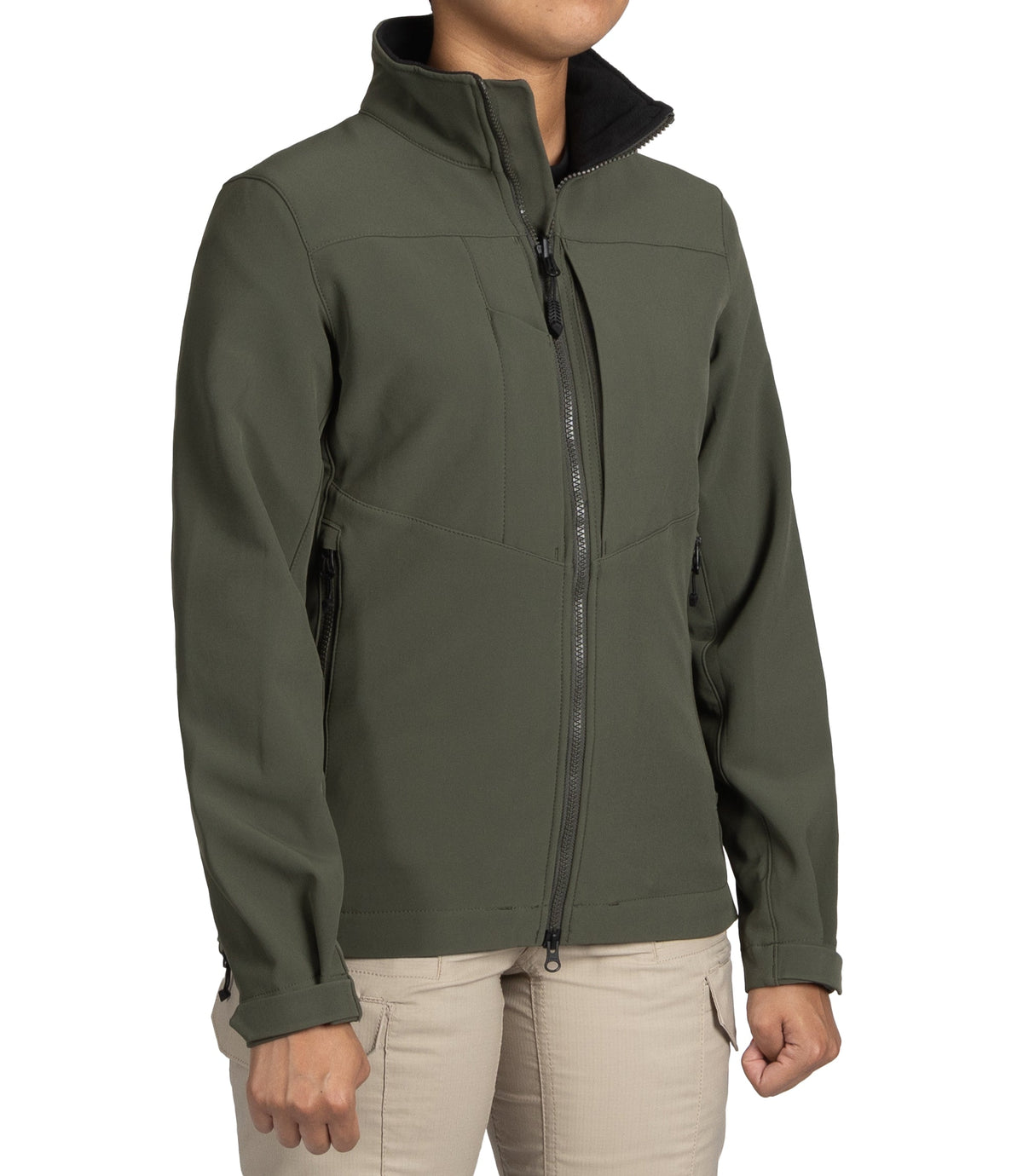 Right front side view of Womens Tactix Softshell Jacket in OD Green|color_od green
