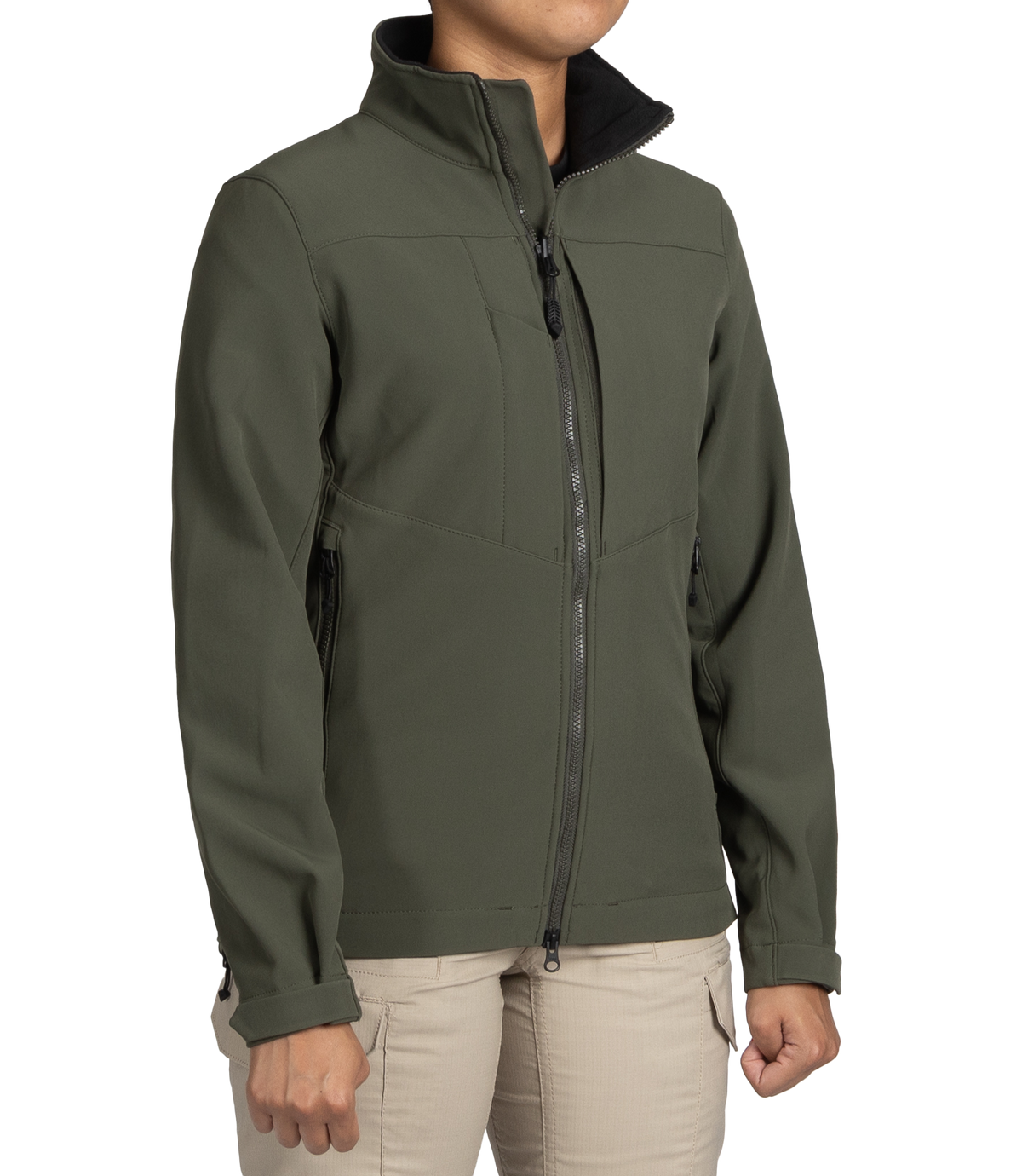 Right front side view of Womens Tactix Softshell Jacket in OD Green|color_od green