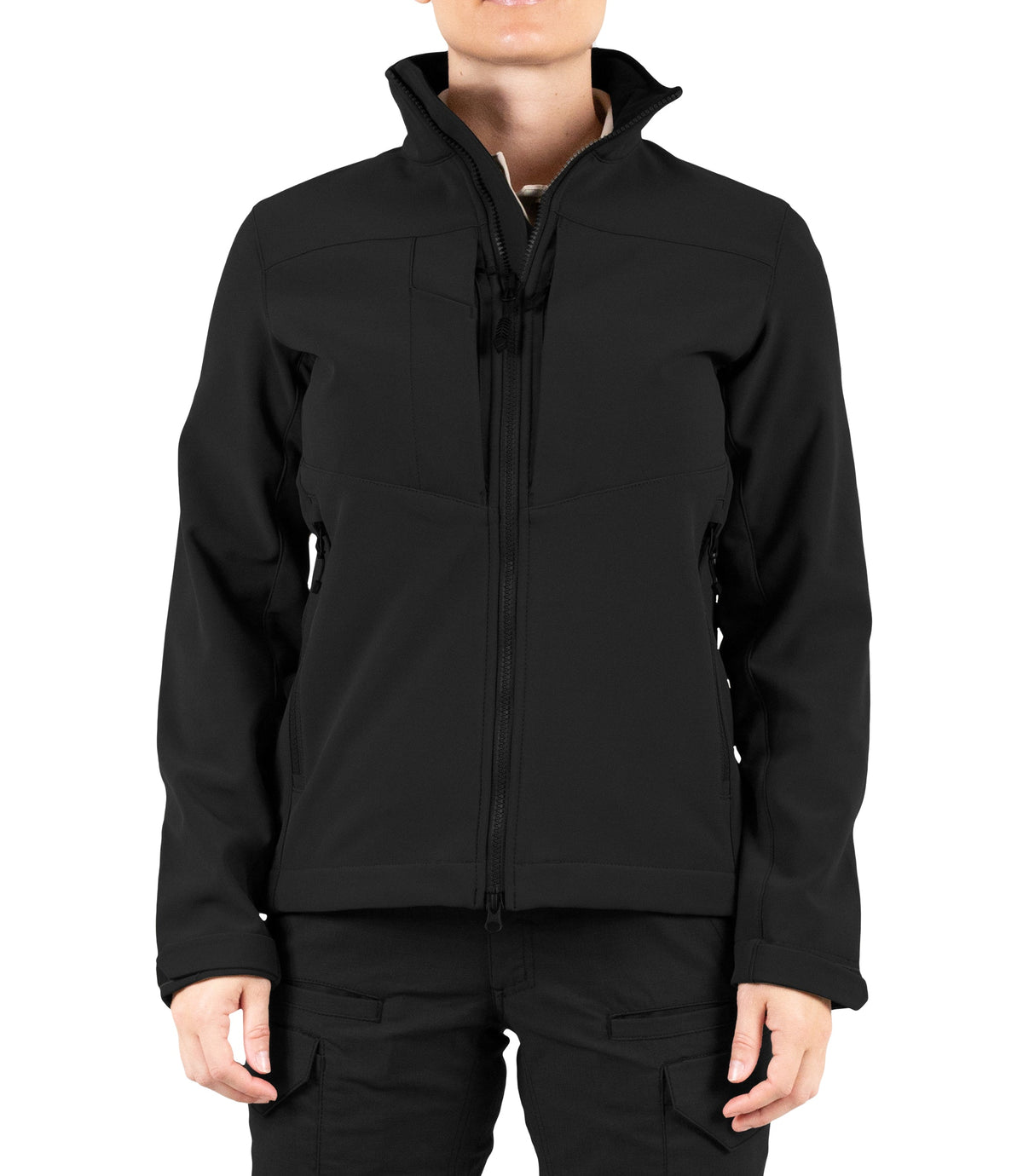 Front of Womens Tactix Softshell Jacket in Black|color_black