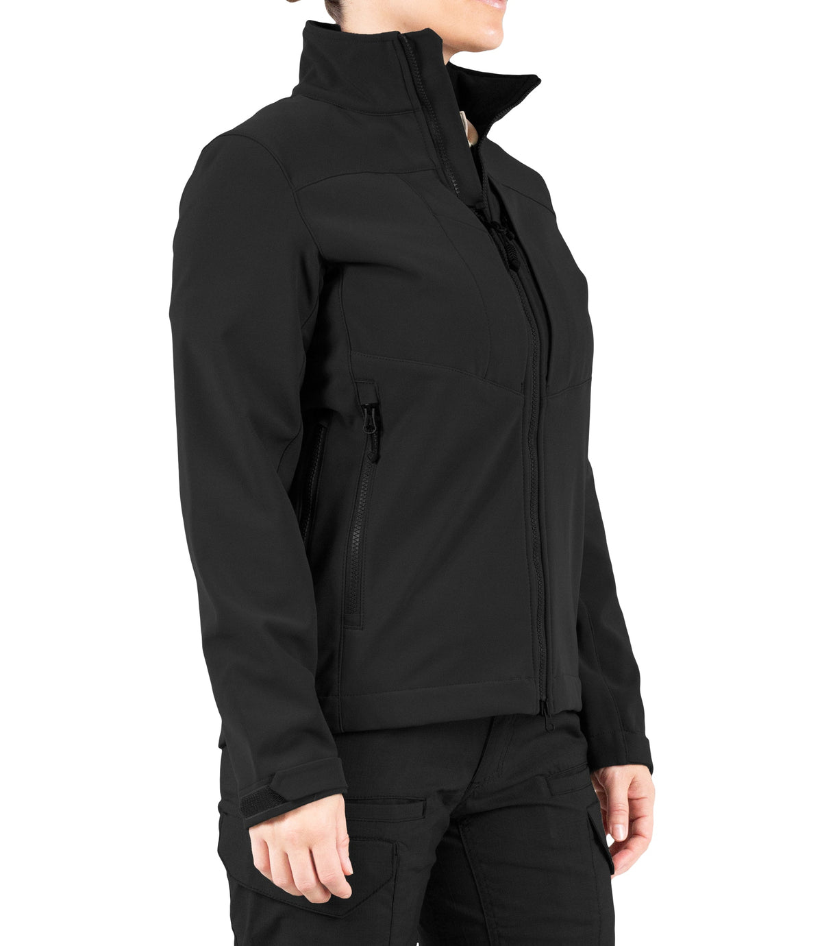 Right front side view of Womens Tactix Softshell Jacket in Black|color_black