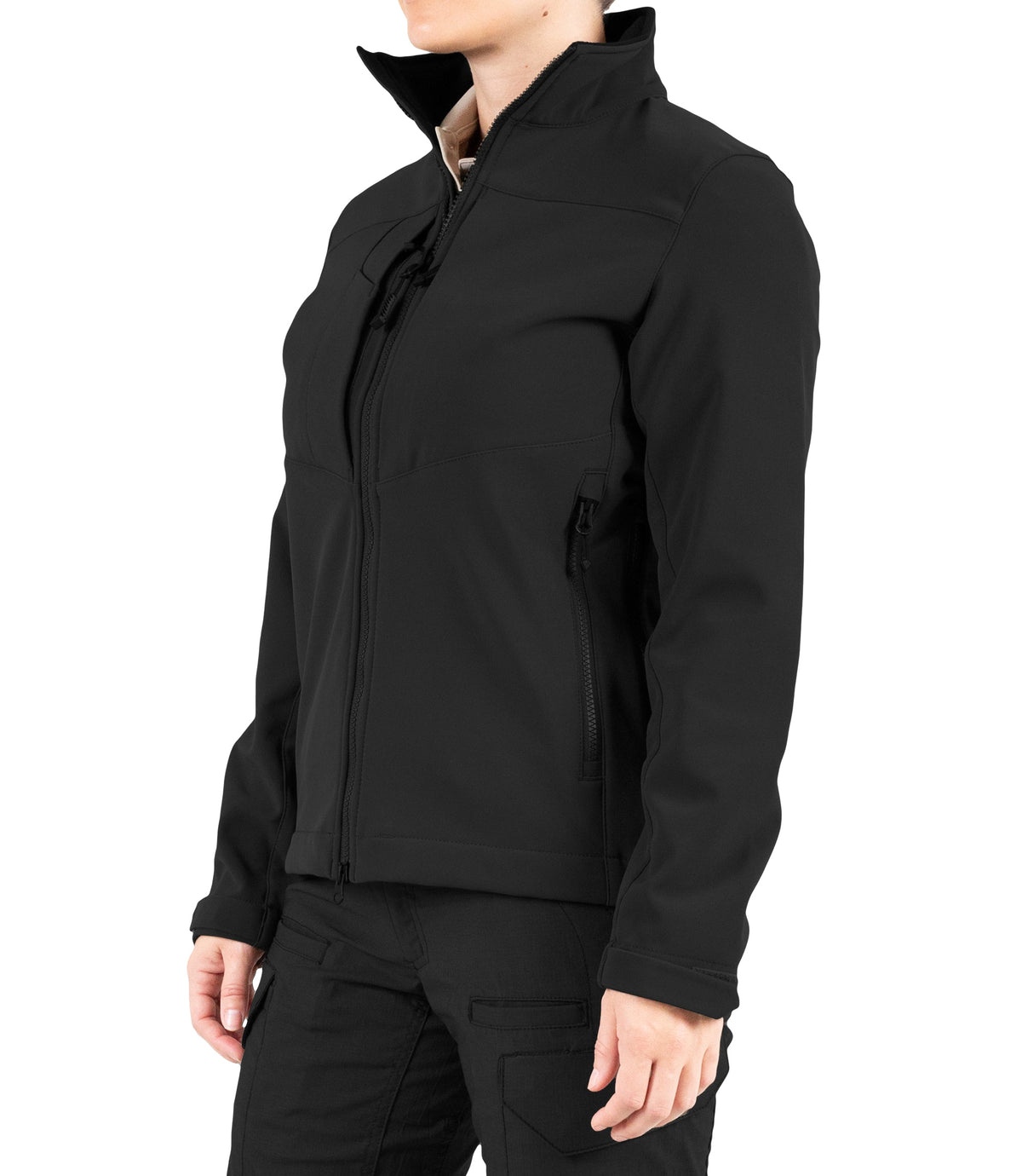 Left front side of Womens Tactix Softshell Jacket in Black|color_black
