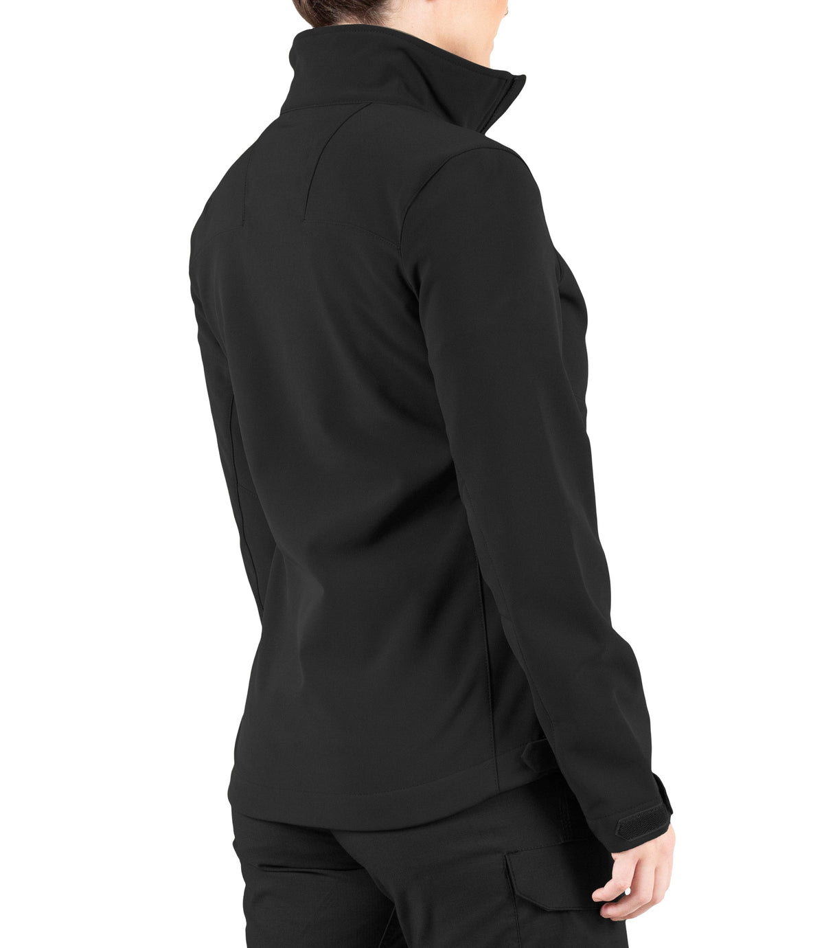 Right back side view of Womens Tactix Softshell Jacket in Black|color_black