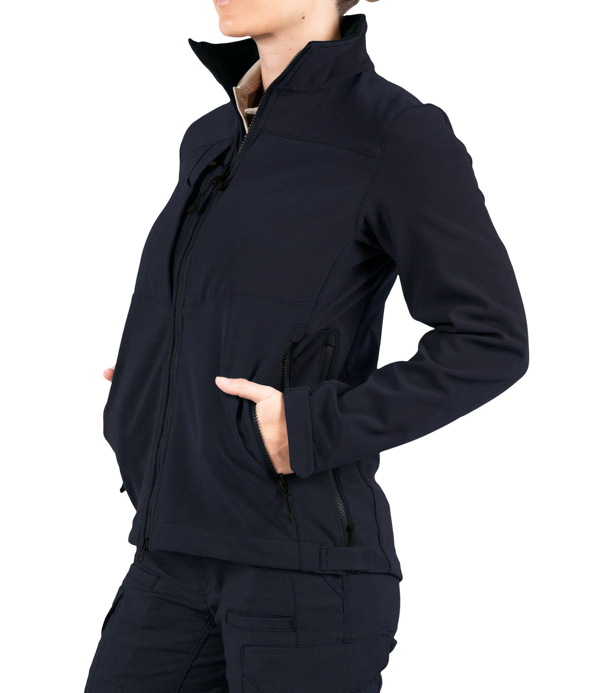 Left front side view with hand in pocket of Womens Tactix Softshell Jacket in Midnight Navy|color_midnight navy
