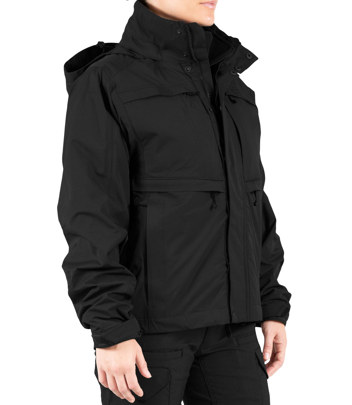 Right front side view of Womens Tactix 3-In-1 System Jacket in Black|color_black