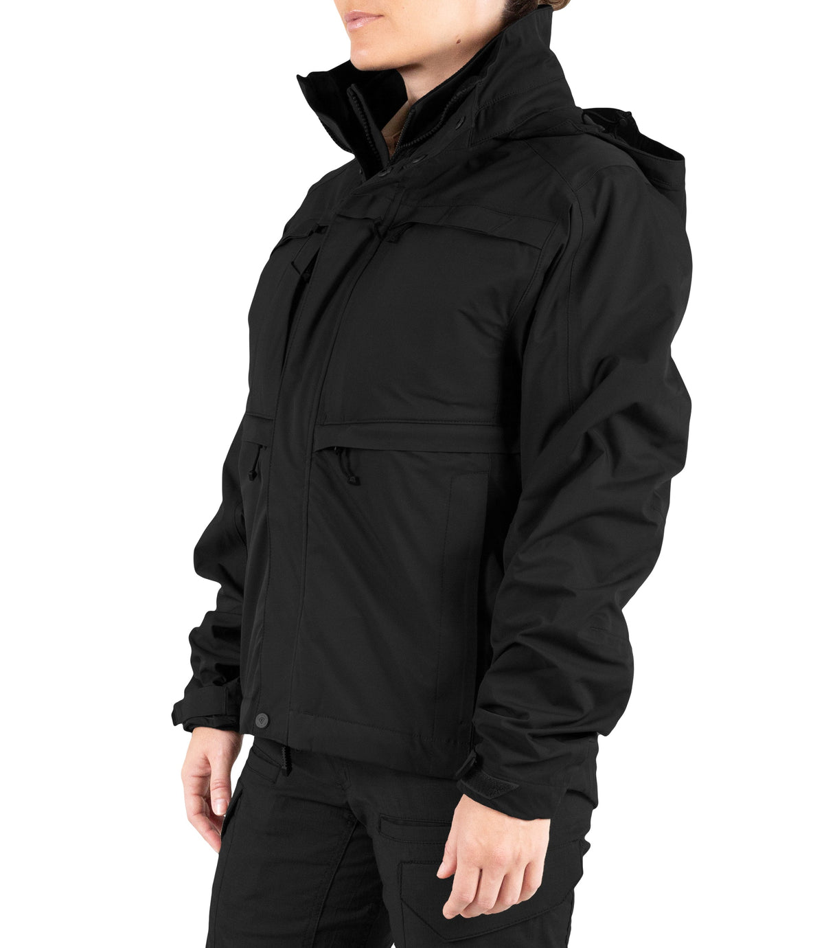 Left front side view of Womens Tactix 3-In-1 System Jacket in Black|color_black