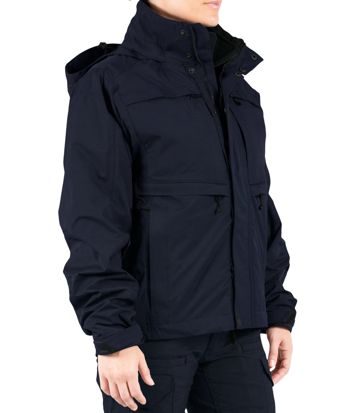 Right front side view of Womens Tactix 3-In-1 System Jacket in Midnight Navy|color_midnight navy