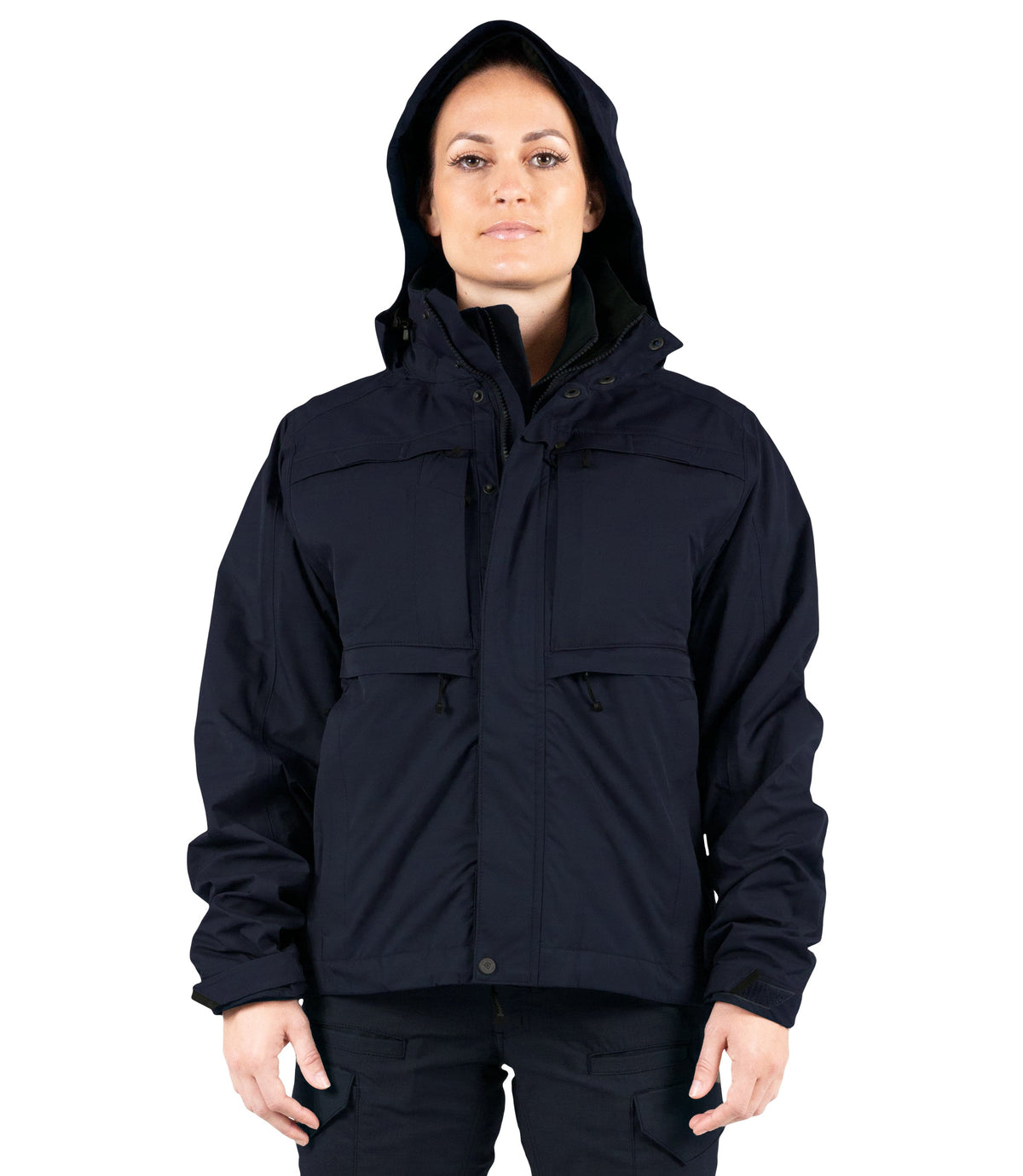 Front Hood of Womens Tactix 3-In-1 System Jacket in Midnight Navy|color_midnight navy