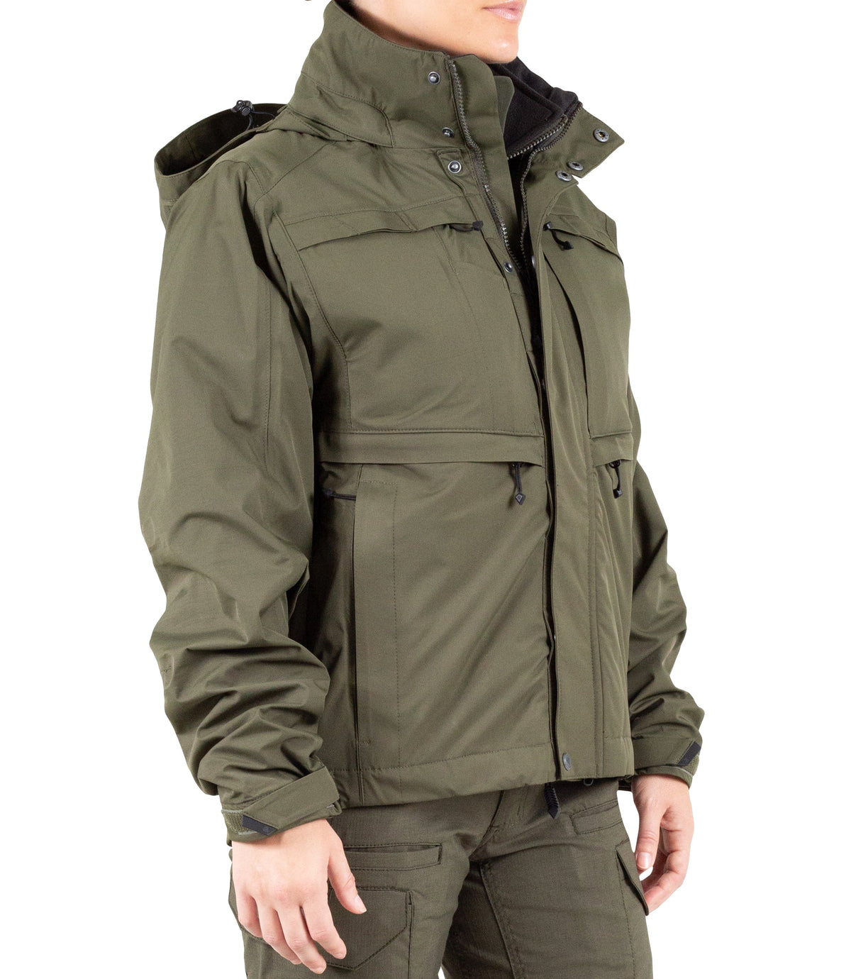 Right front side view of Womens Tactix 3-In-1 System Jacket in OD Green|color_od green