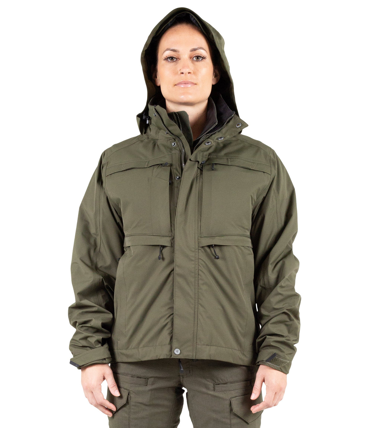 Front Hood of Womens Tactix 3-In-1 System Jacket in OD Green|color_od green