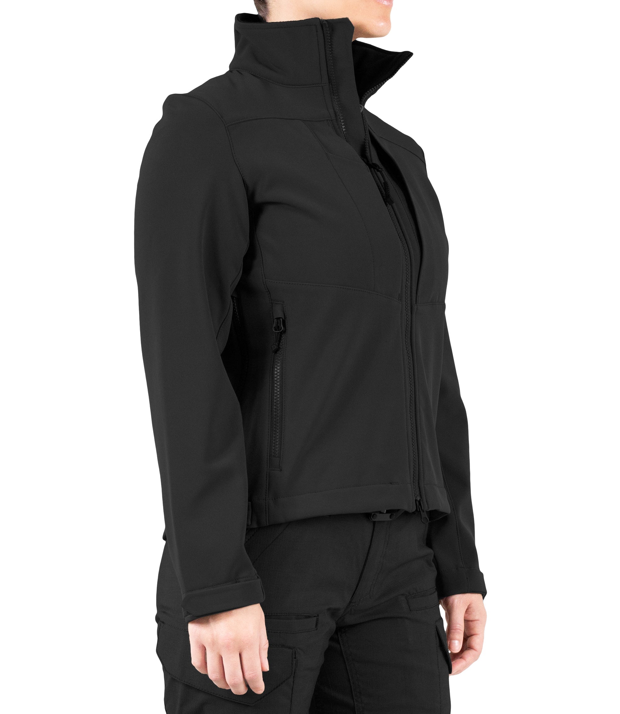 Right front side view of Womens Tactix Softshell Jacket in Black|color_black