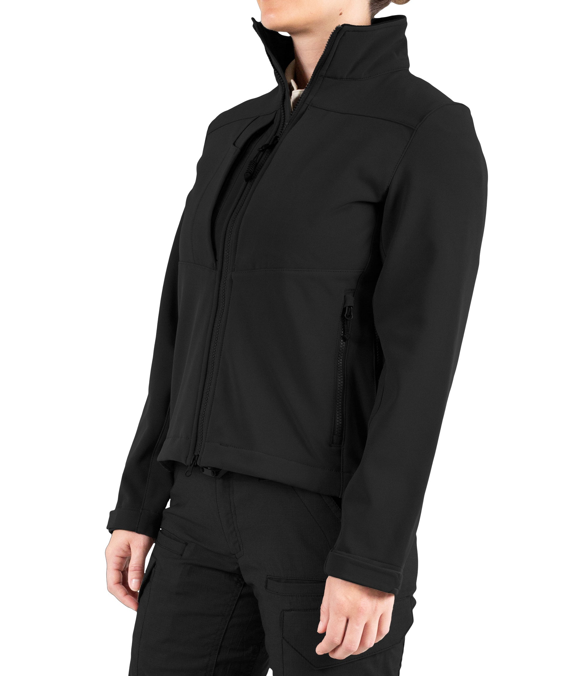 Left front side view of Womens Tactix Softshell Jacket in Black|color_black