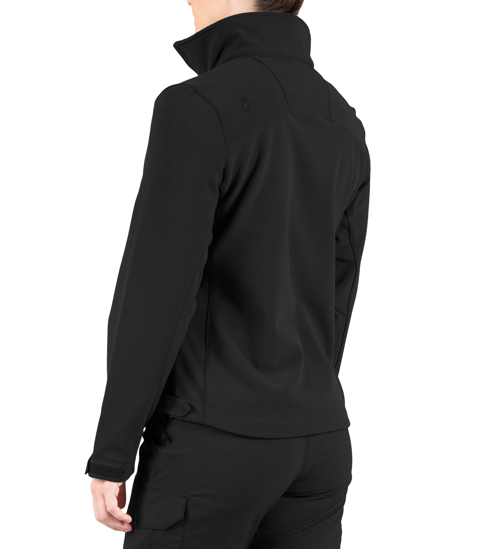 Left back side of Womens Tactix Softshell Jacket in Black|color_black