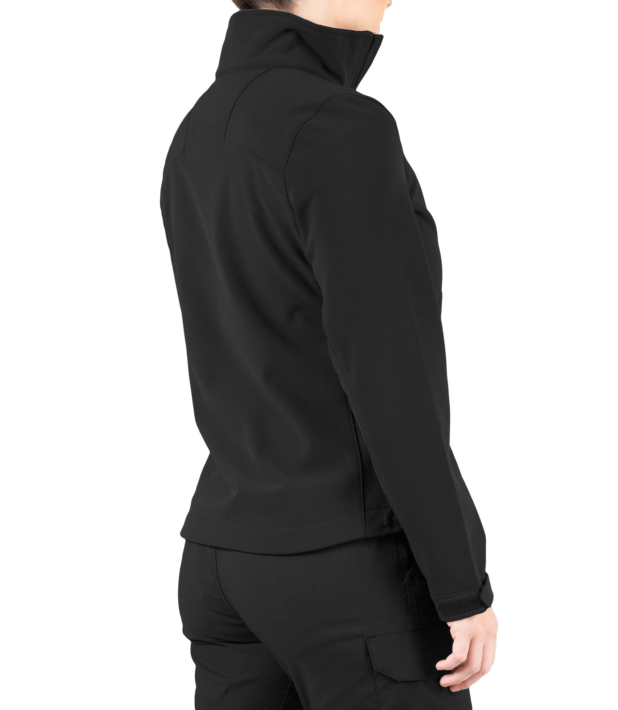 Right back side view of Womens Tactix Softshell Jacket in Black|color_black