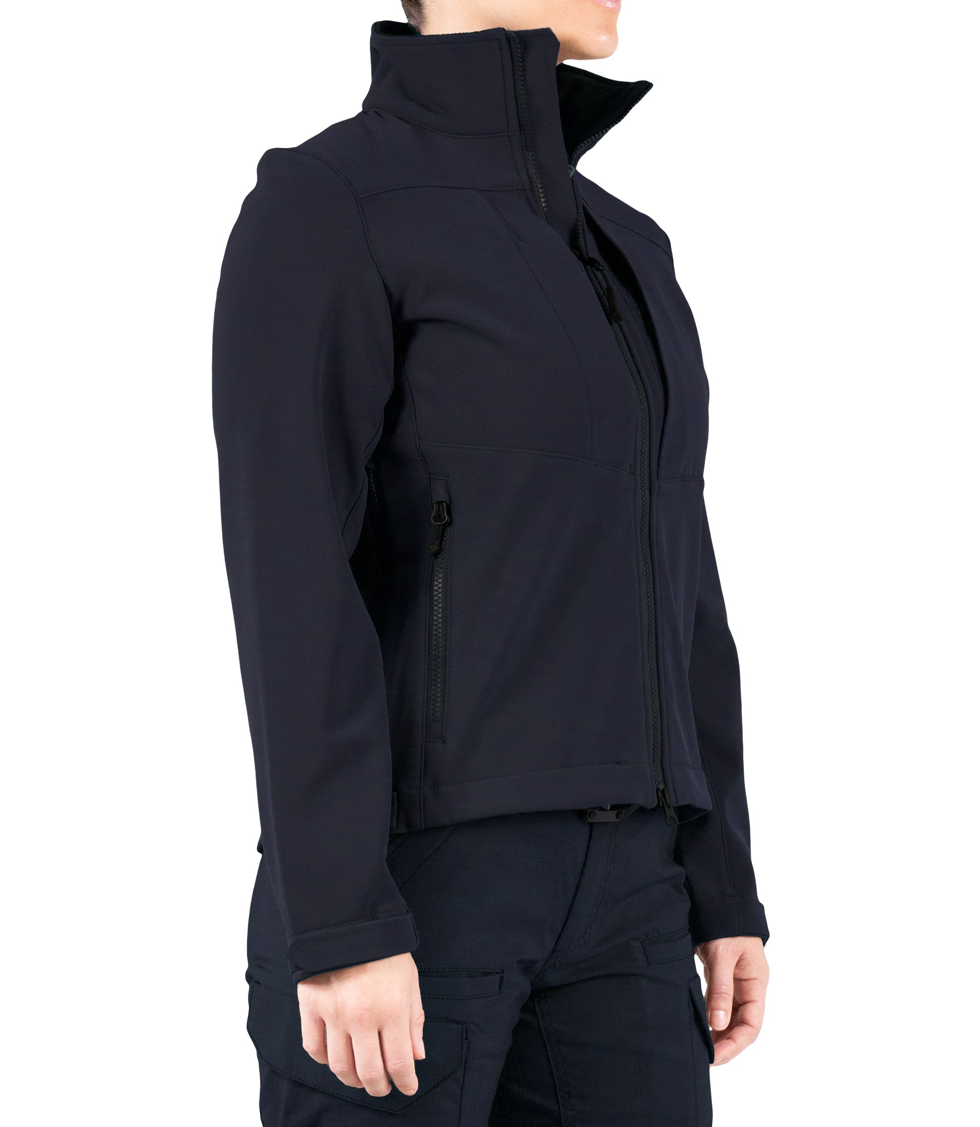 Right front side of Womens Tactix Softshell Jacket in Midnight Navy|color_midnight navy