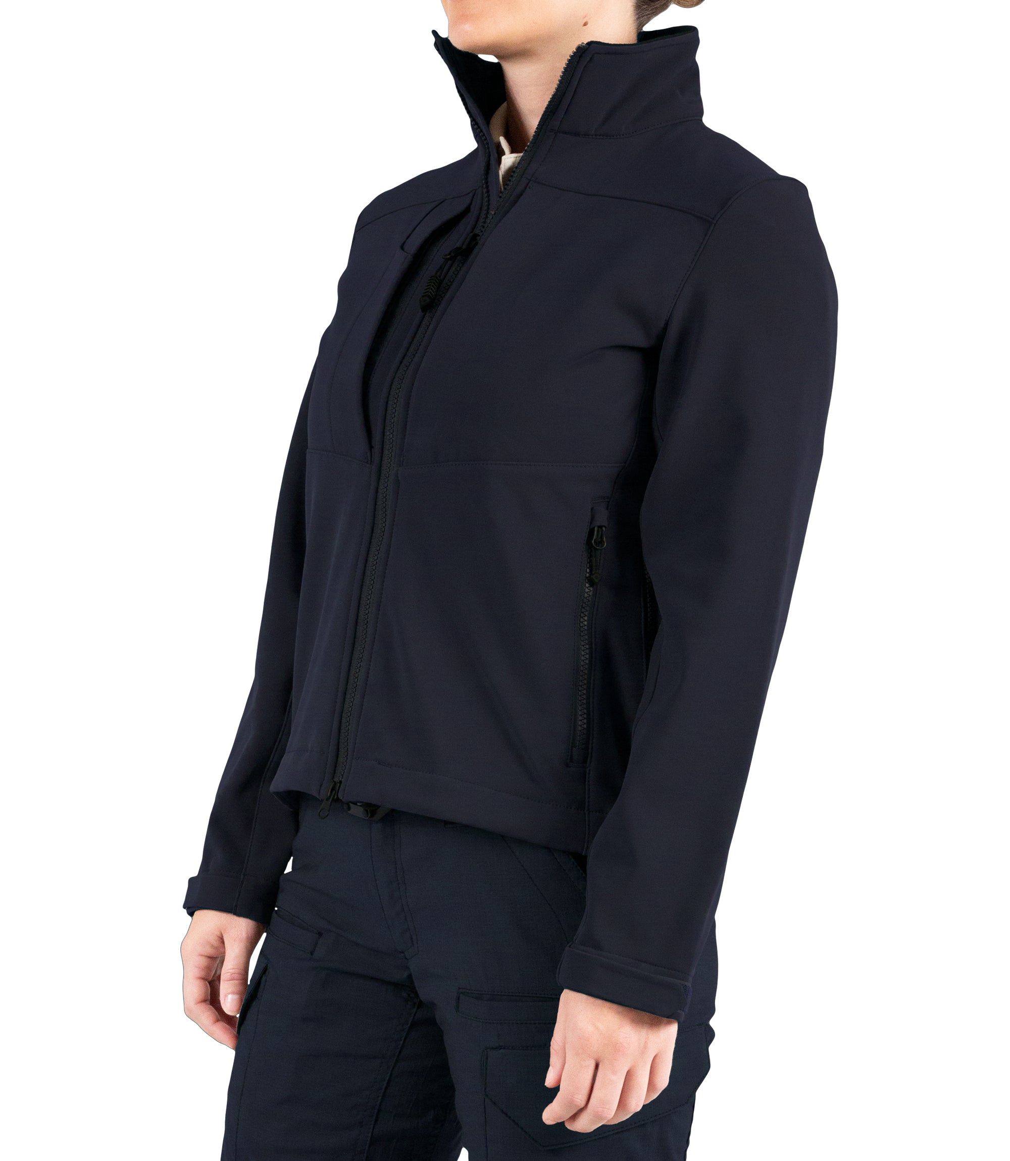 Left front side view of Womens Tactix Softshell Jacket in Midnight Navy|color_midnight navy