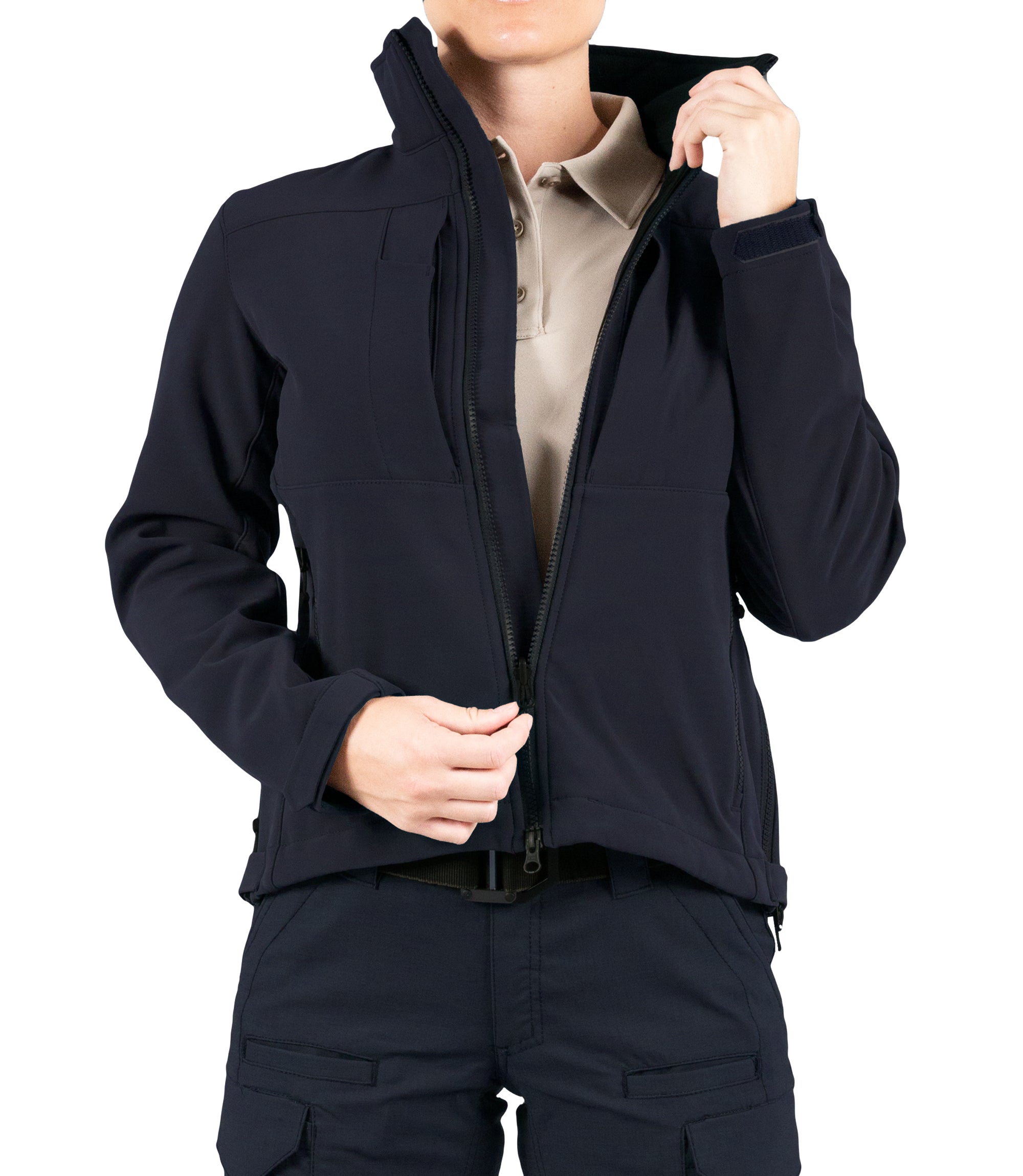 Front of Womens Tactix Softshell Jacket in Midnight Navy Unzipped|color_midnight navy