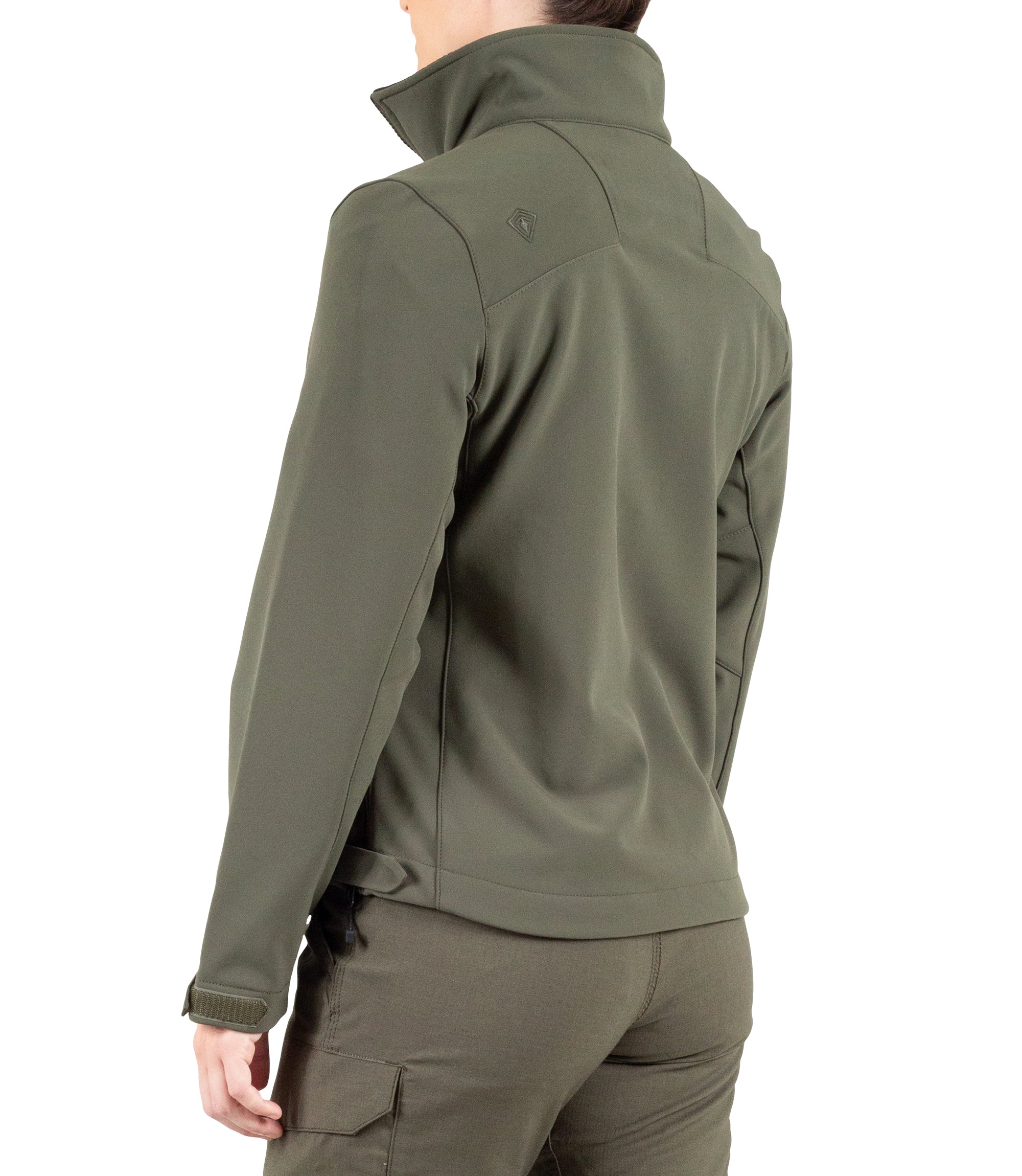 Left back side view of Womens Tactix Softshell Jacket in OD Green|color_od green