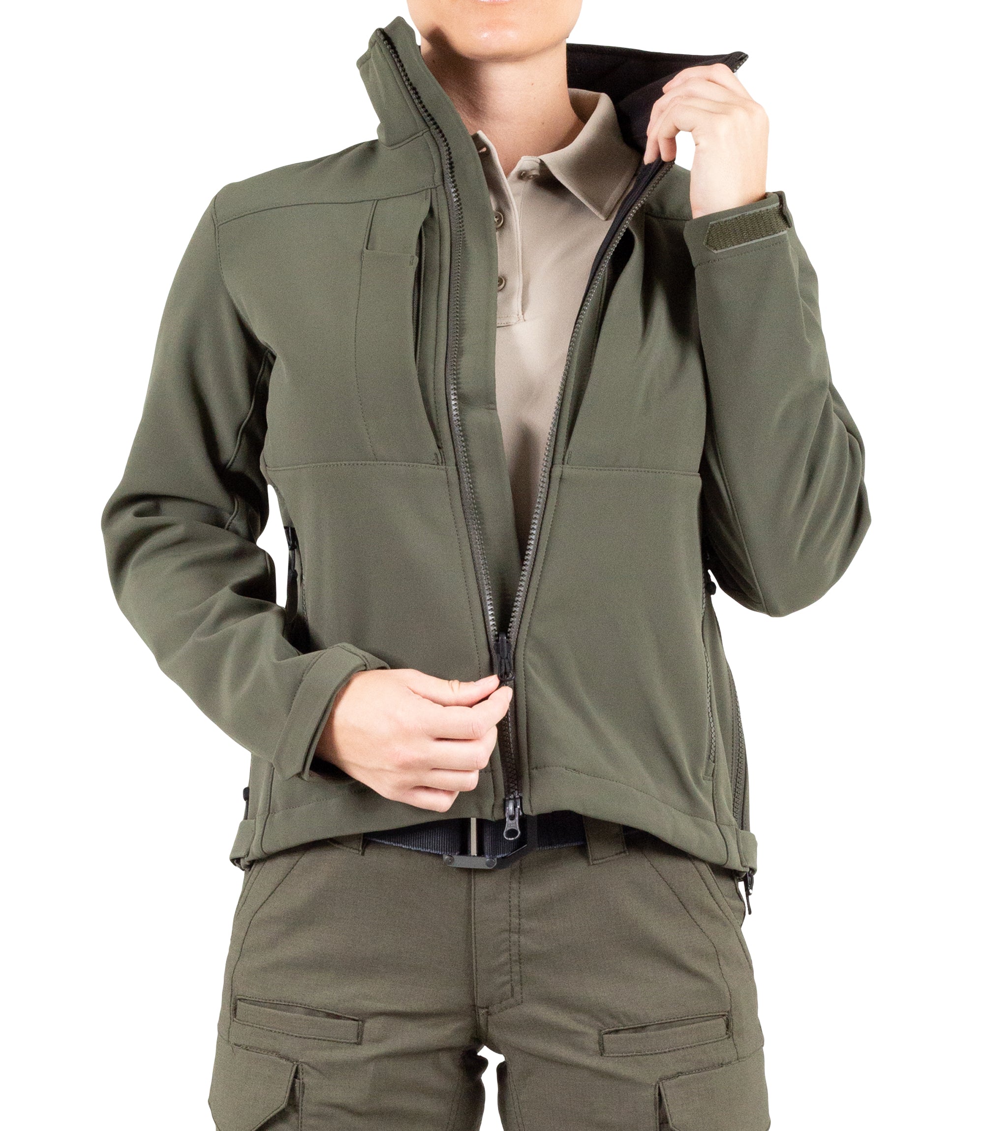 Front of Womens Tactix Softshell Jacket in OD Green Unzipped|color_od green