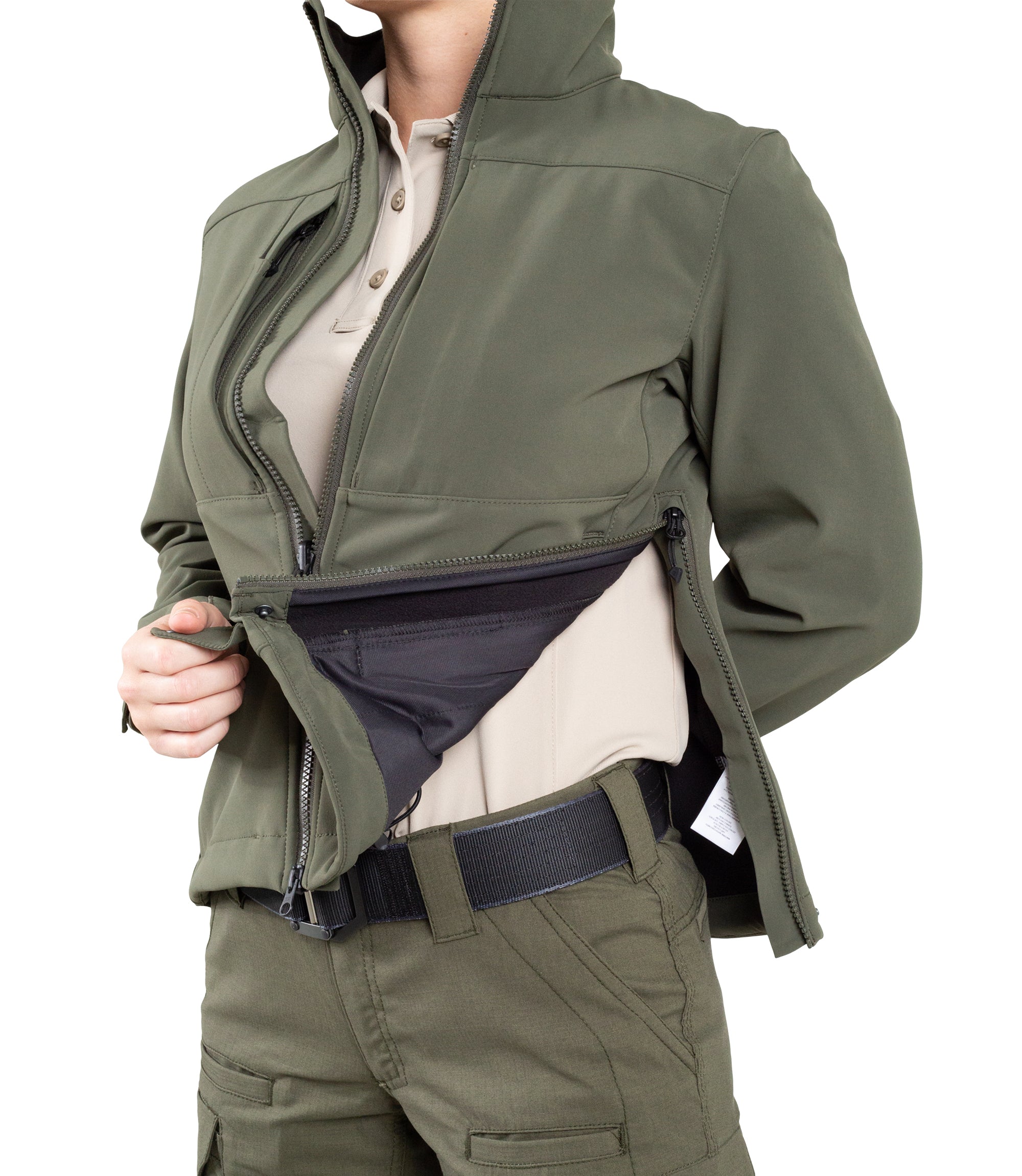 Side Zipper of Womens Tactix Softshell Jacket in OD Green|color_od green