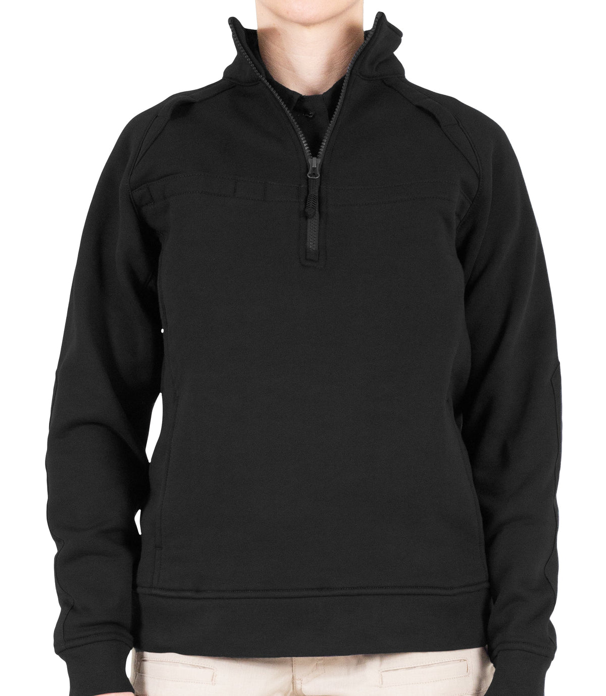 Front of Womens Cotton Job Shirt Quarter Zip in Black|color_black