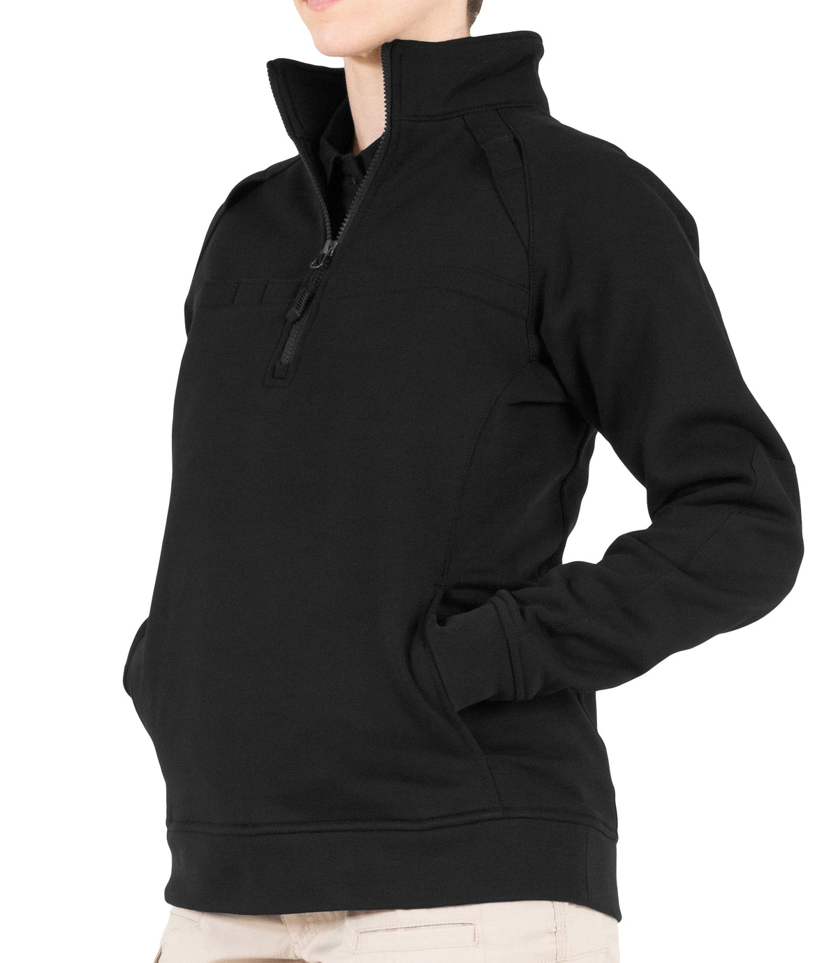 Side of Womens Cotton Job Shirt Quarter Zip in Black|color_black