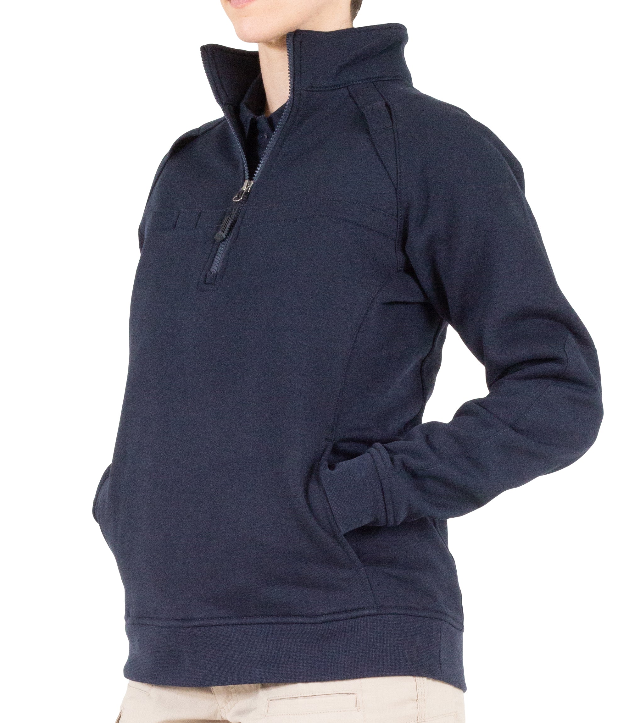 Side of Womens Cotton Job Shirt Quarter Zip in Midnight Navy|color_midnight navy