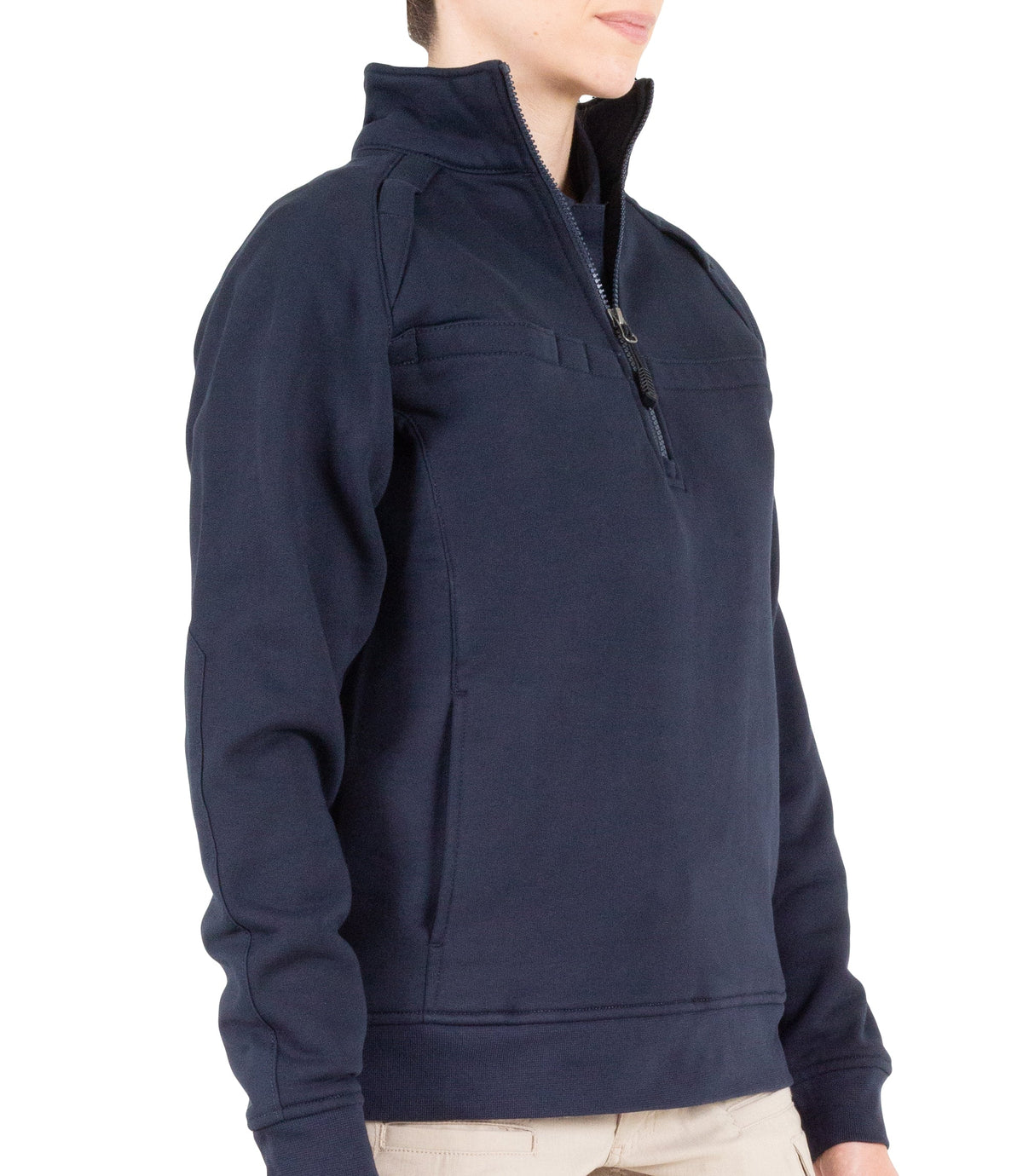 Side of Womens Cotton Job Shirt Quarter Zip in Midnight Navy|color_midnight navy
