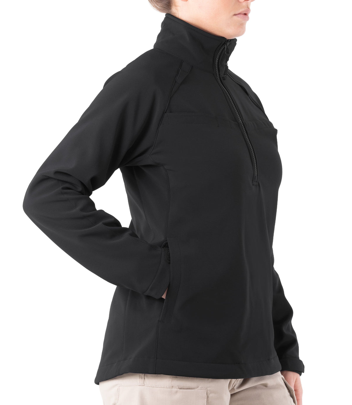 Front side view of Women's Softshell Pullover in Black|color_black