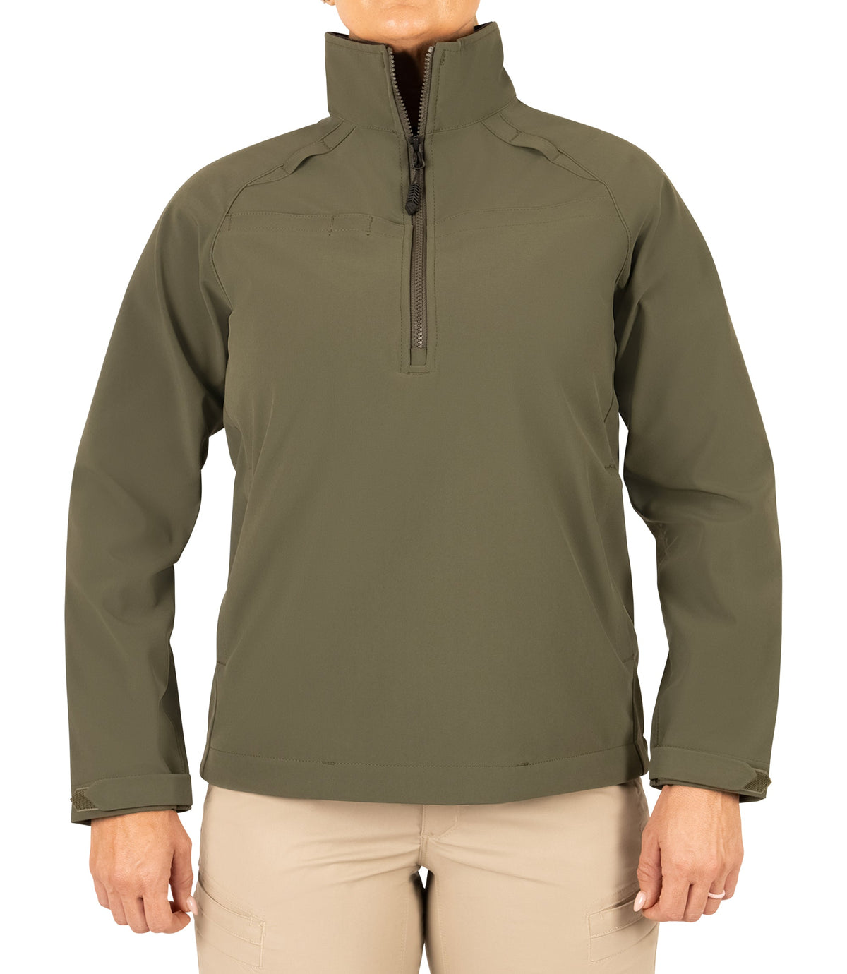 Front veiw of Women's Tactix Softshell Pullover in color OD Green |color_od green