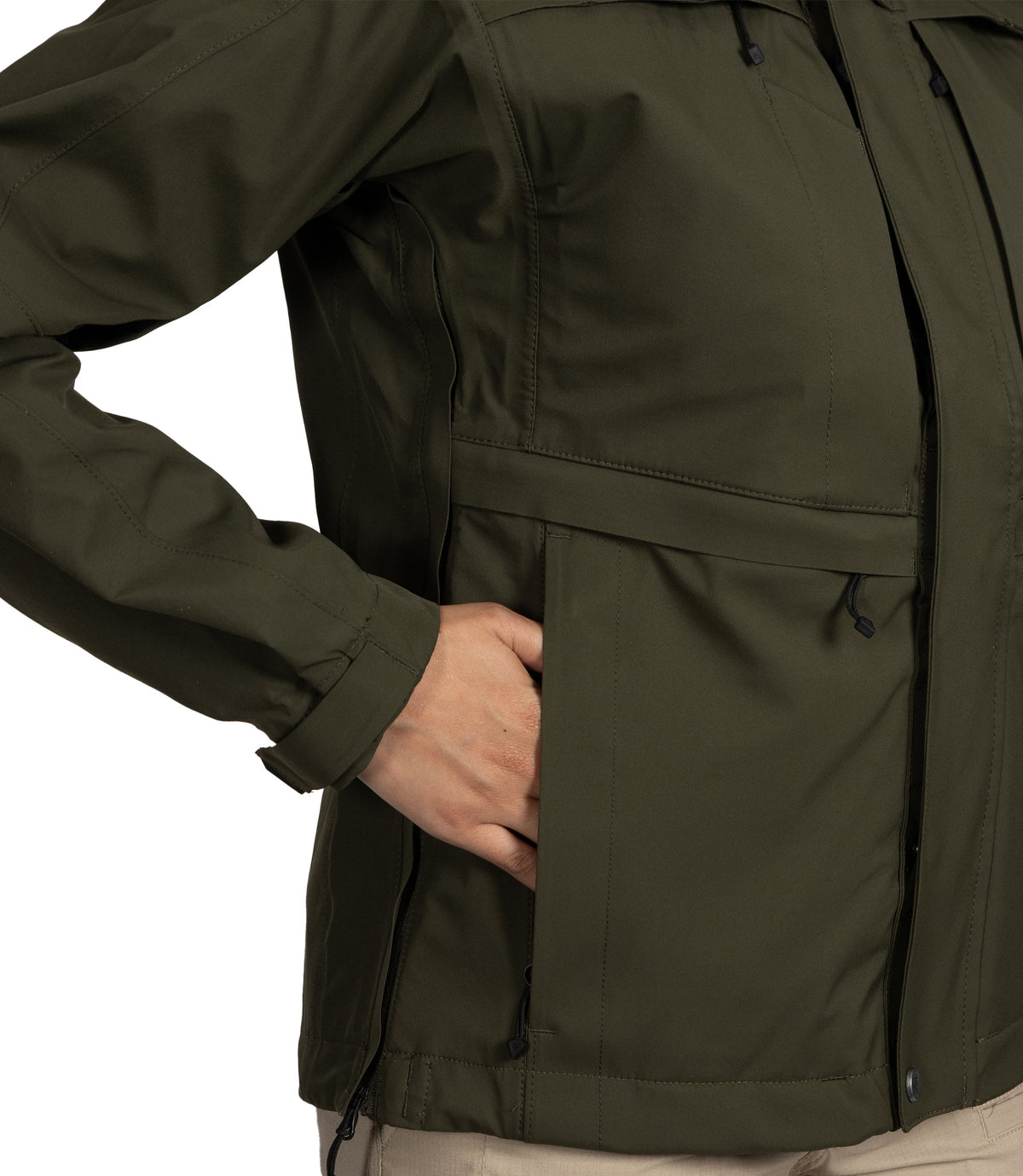 Right front side view with hand in pocket of Womens Tactix Parka Shell in OD Green|color_od green