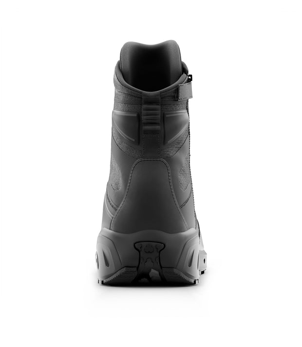 Back side view of 8 inch AERO-TAC polished side-zip boot in color black|color_black