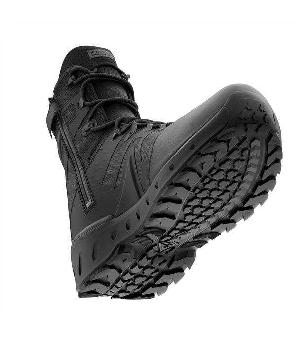 Bottom side view of 8 inch AERO-TAC polished side-zip boot in color black|color_black