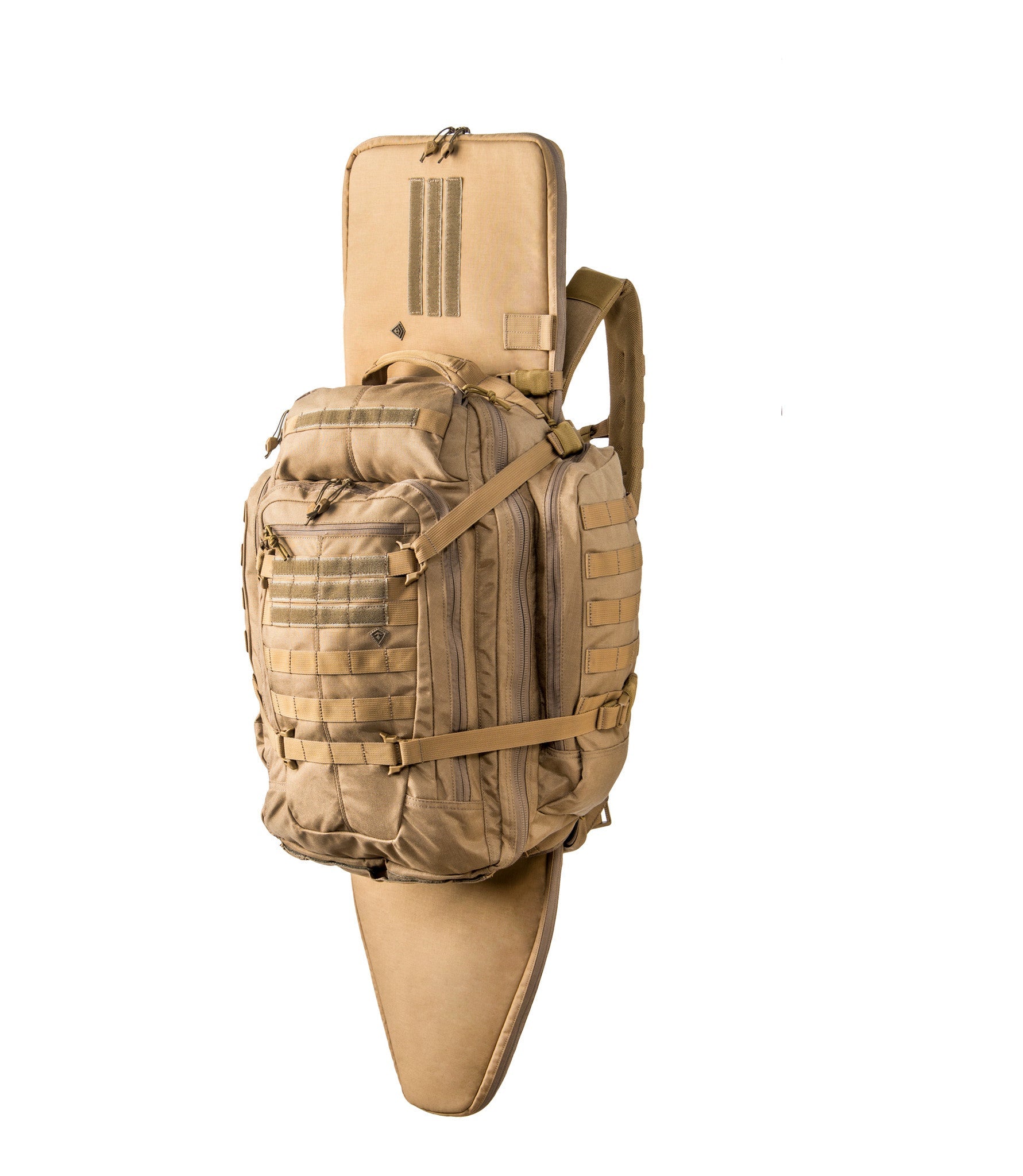 Front of Specialist 3-Day Backpack 56L in Coyote with Rifle Sleeve |color_coyote