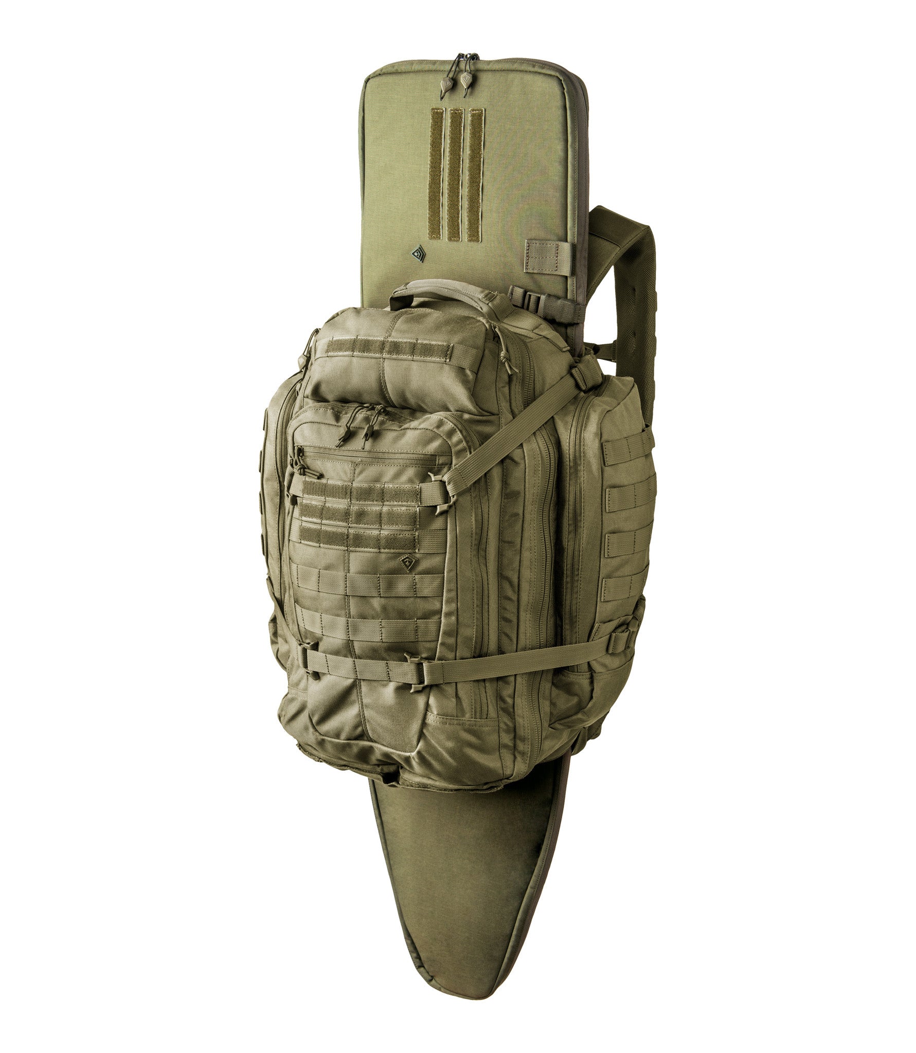 Front of Specialist 3-Day Backpack 56L in OD Green with Rifle Sleeve |color_od green